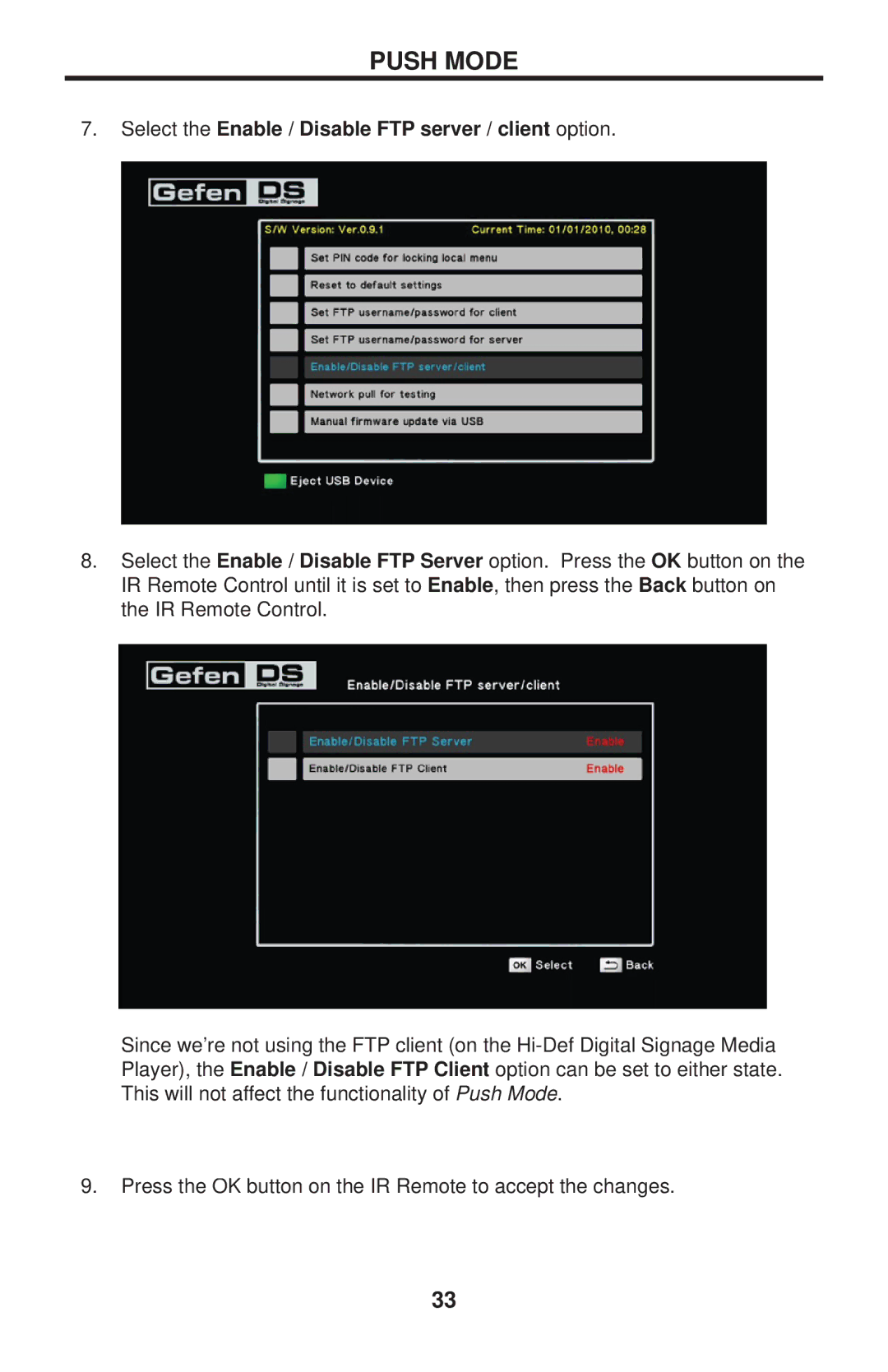 Gefen EXT-HD-DSMP user manual Select the Enable / Disable FTP server / client option 