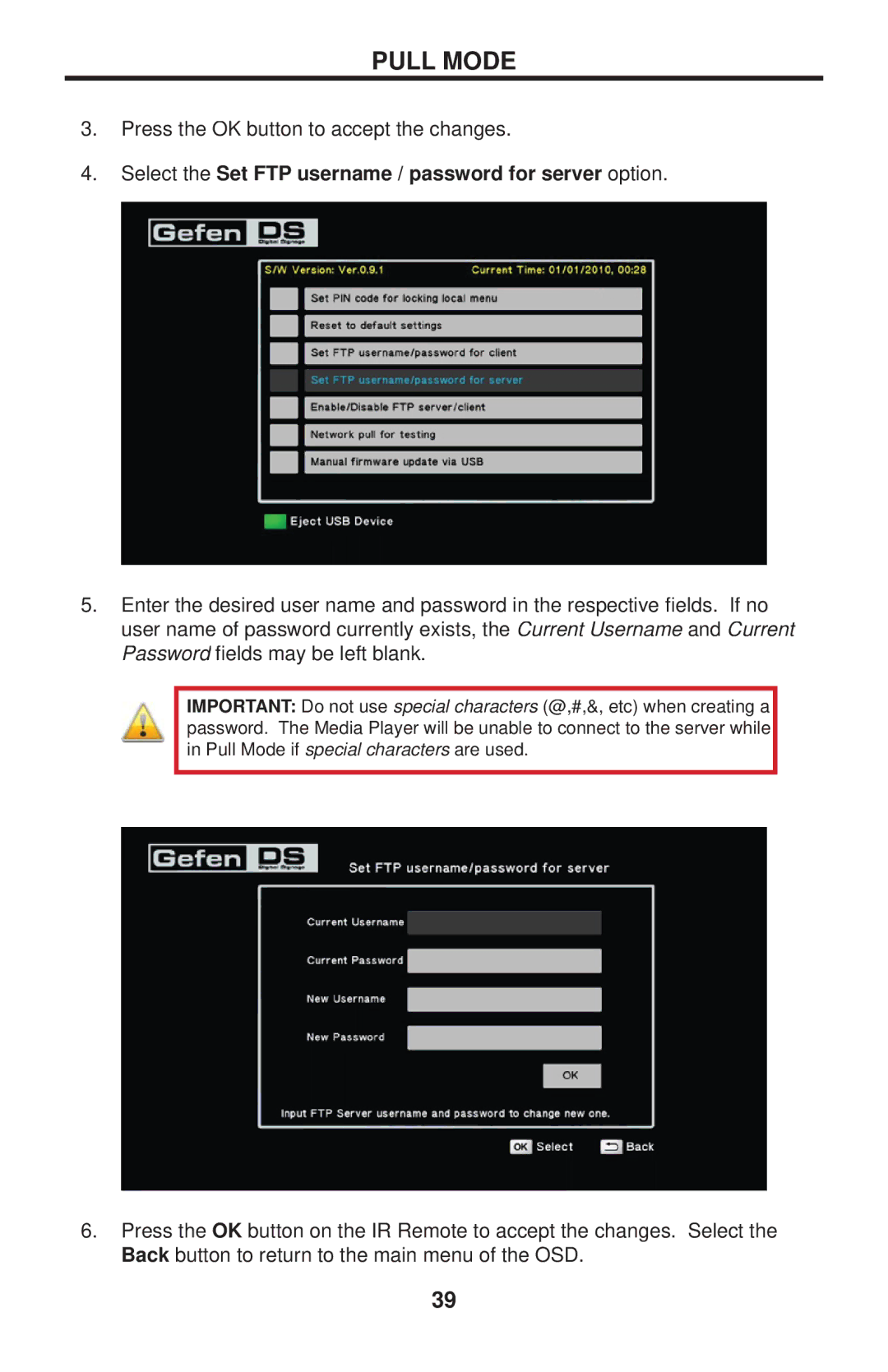 Gefen EXT-HD-DSMP user manual Select the Set FTP username / password for server option, Password ﬁelds may be left blank 