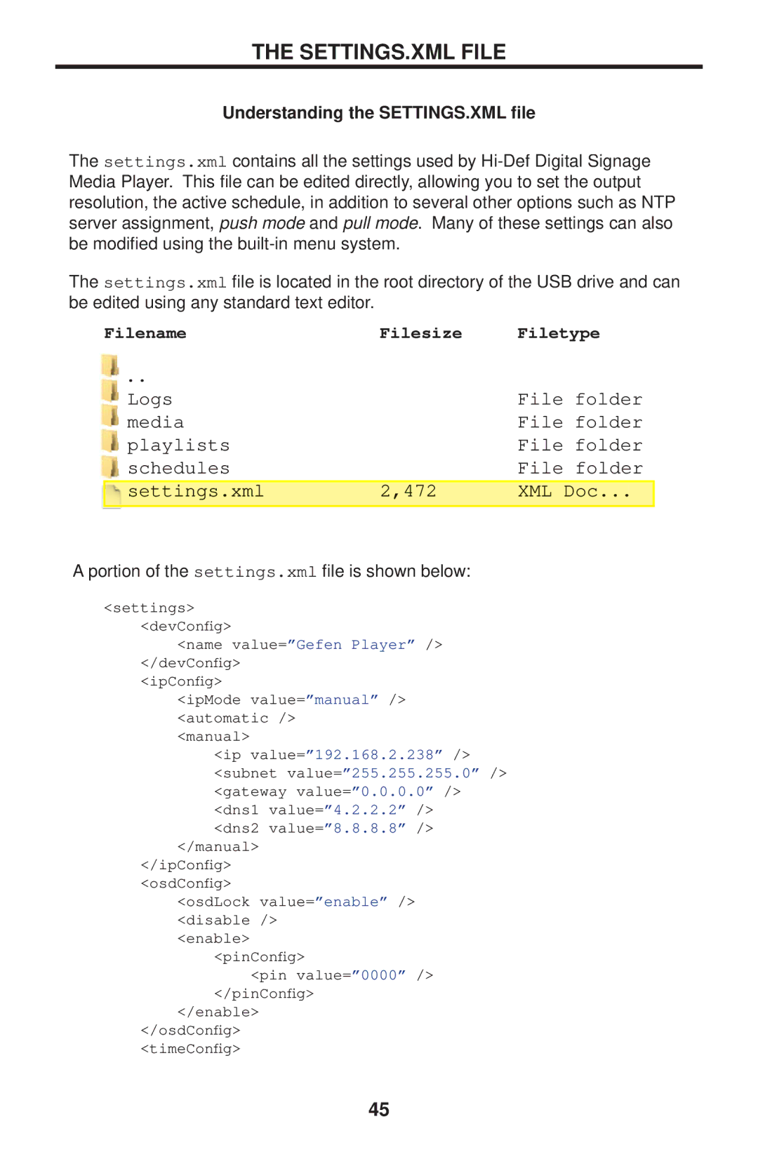 Gefen EXT-HD-DSMP user manual SETTINGS.XML File, Understanding the SETTINGS.XML ﬁle 