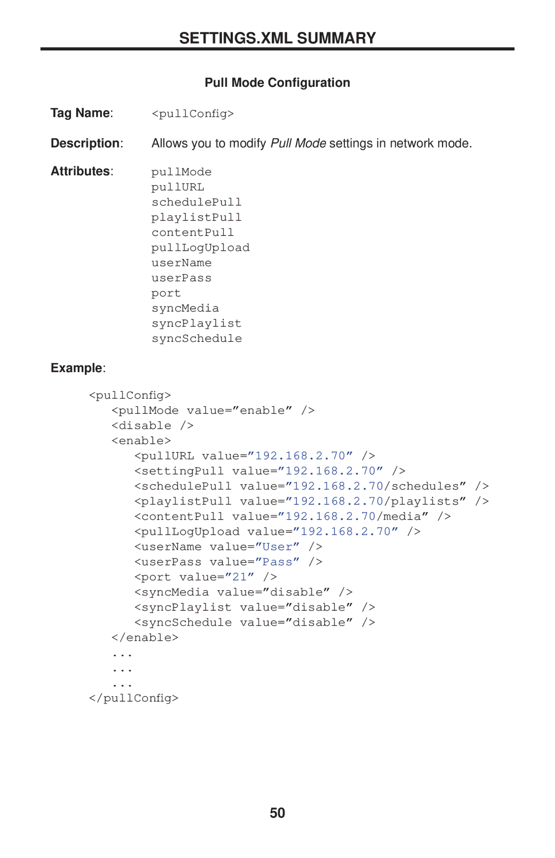 Gefen EXT-HD-DSMP user manual Pull Mode Conﬁguration Tag Name, PullConﬁg 