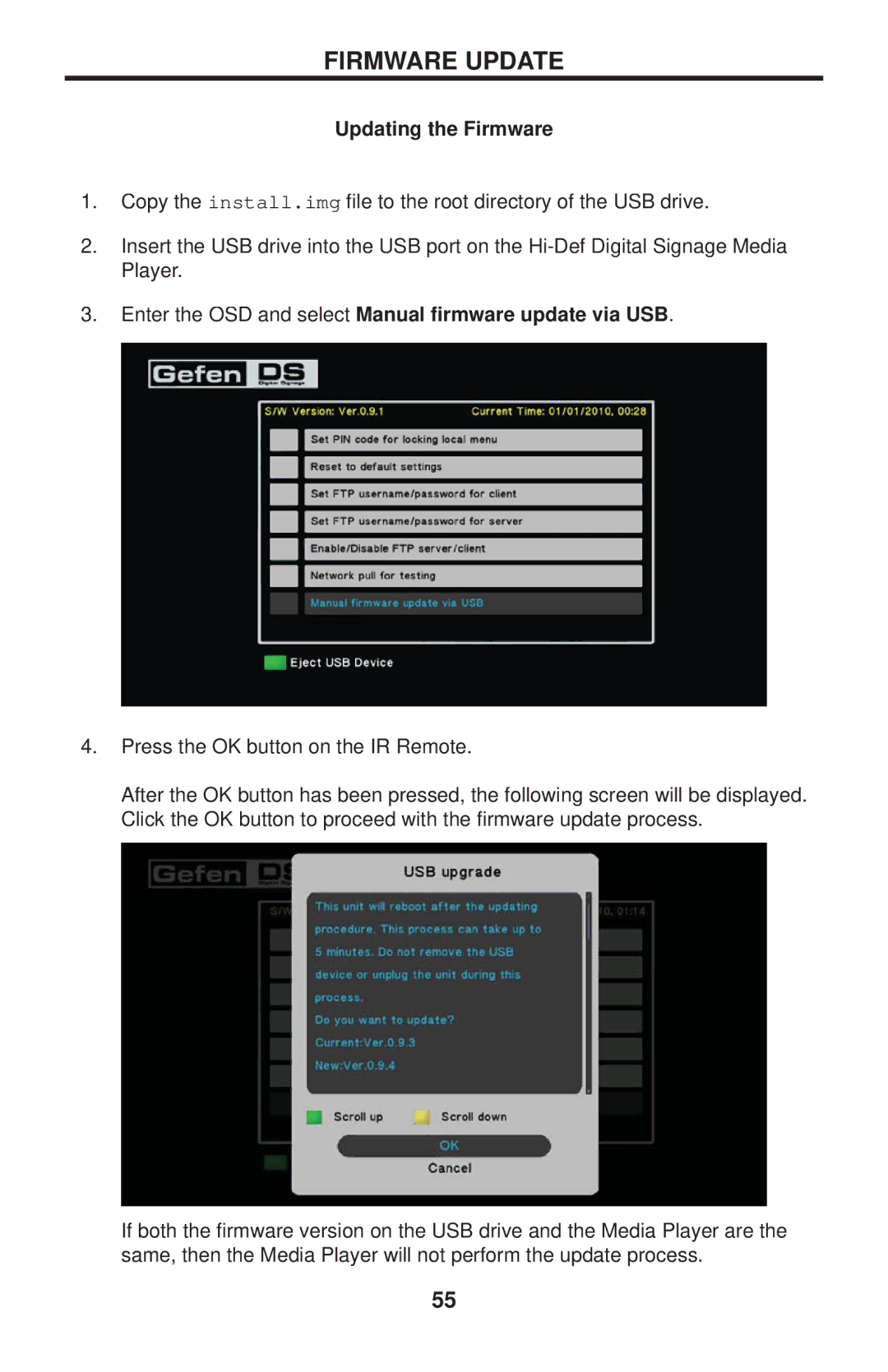 Gefen EXT-HD-DSMP Firmware Update, Updating the Firmware, Enter the OSD and select Manual ﬁrmware update via USB 