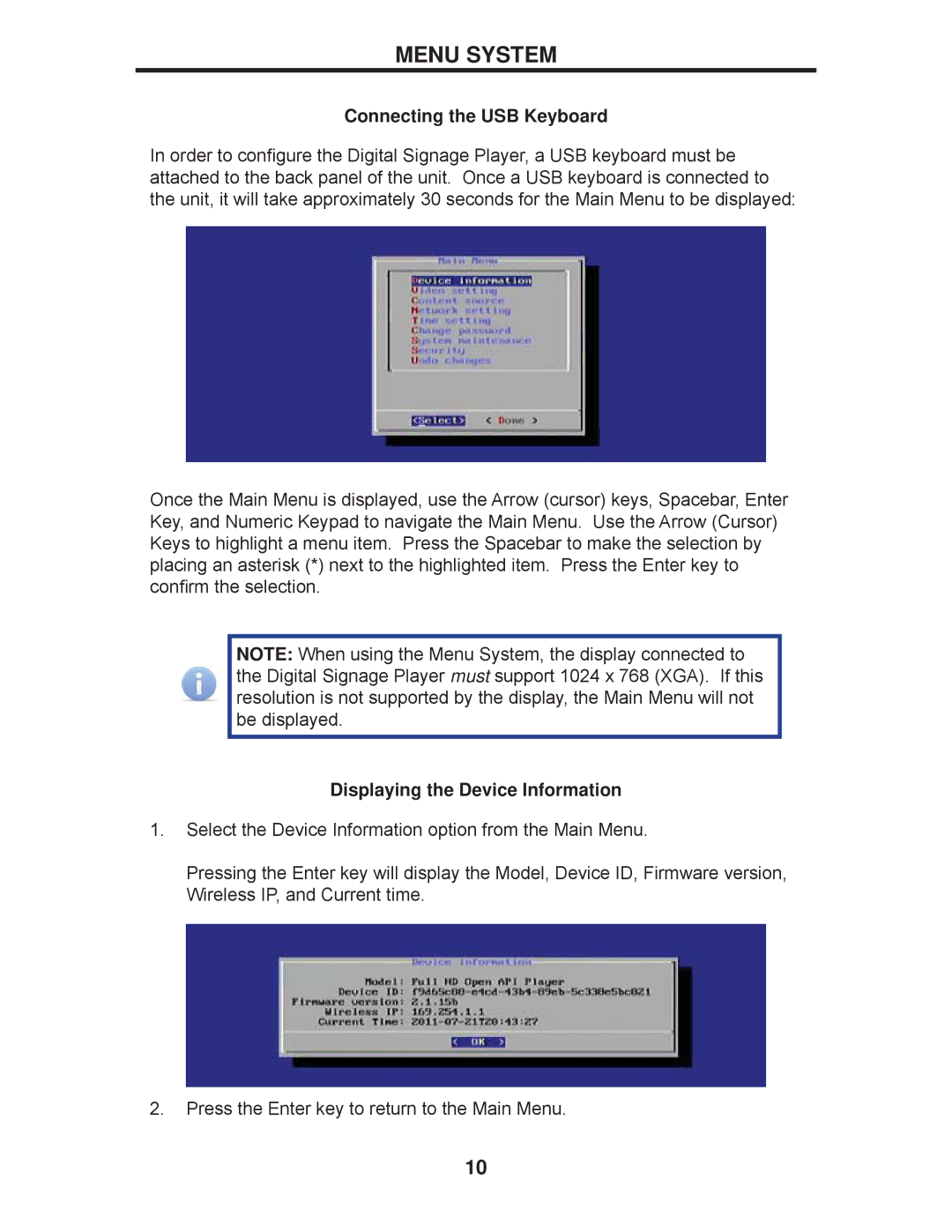 Gefen EXT-HD-DSWF manual Menu System, Connecting the USB Keyboard, Displaying the Device Information 