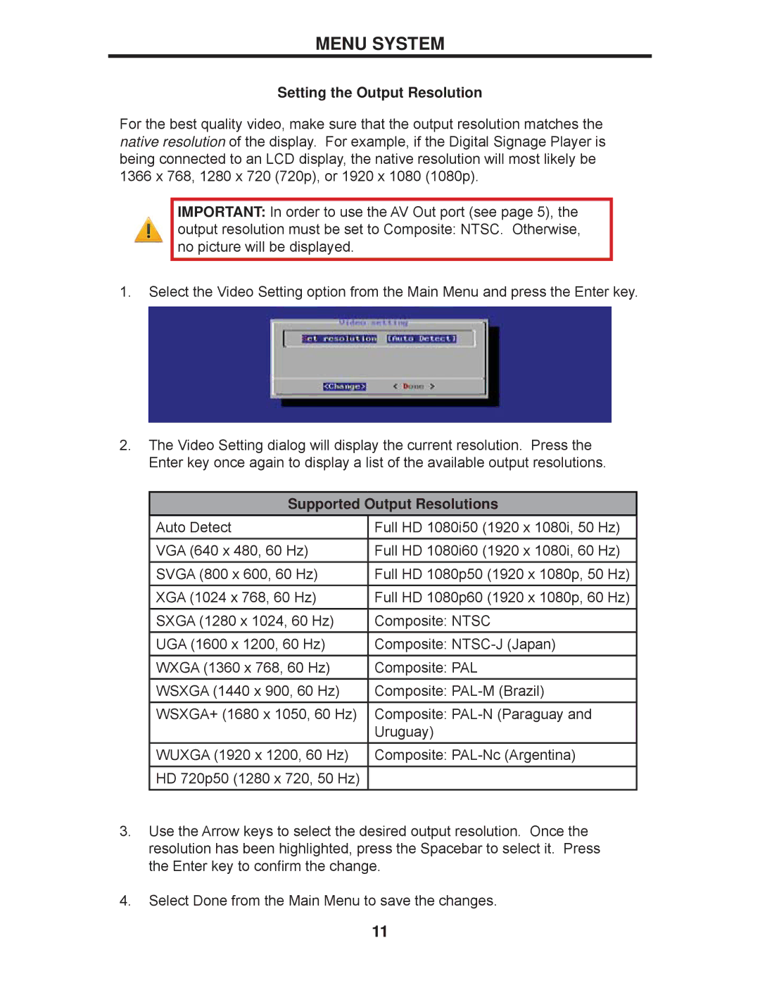 Gefen EXT-HD-DSWF manual Setting the Output Resolution, Supported Output Resolutions 