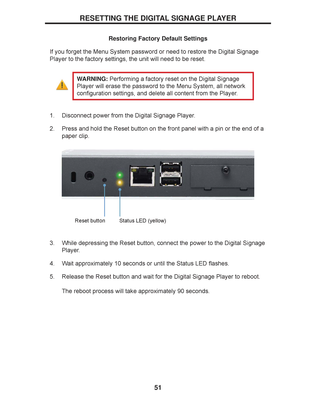 Gefen EXT-HD-DSWF manual Resetting the Digital Signage Player, Restoring Factory Default Settings 