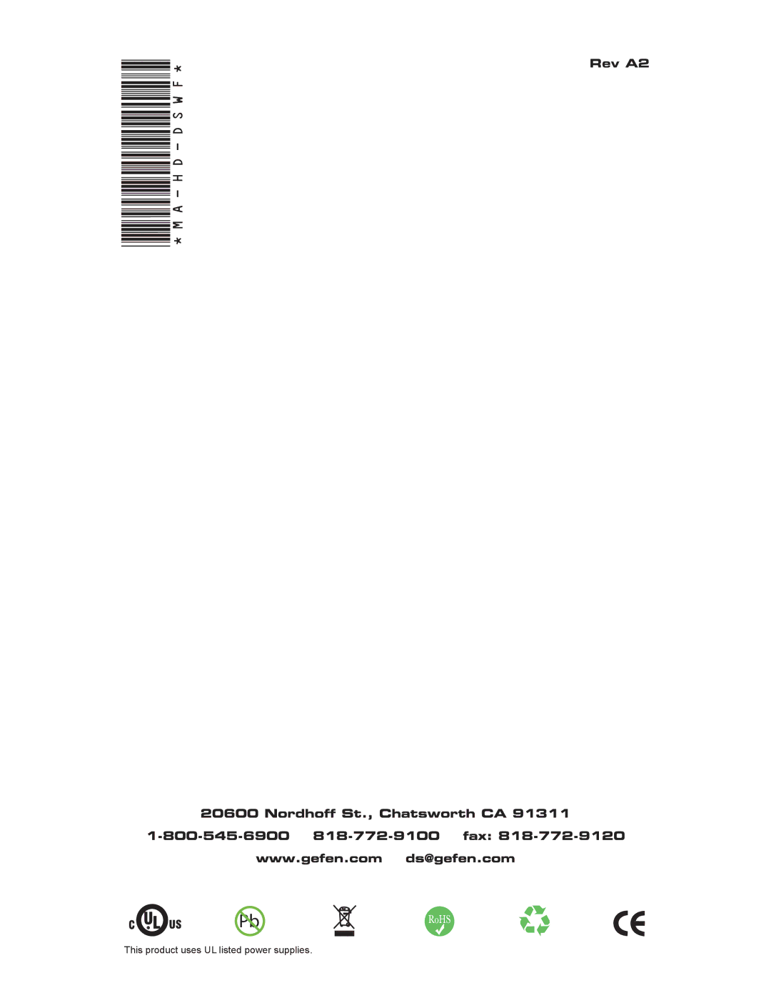 Gefen EXT-HD-DSWF manual This product uses UL listed power supplies 