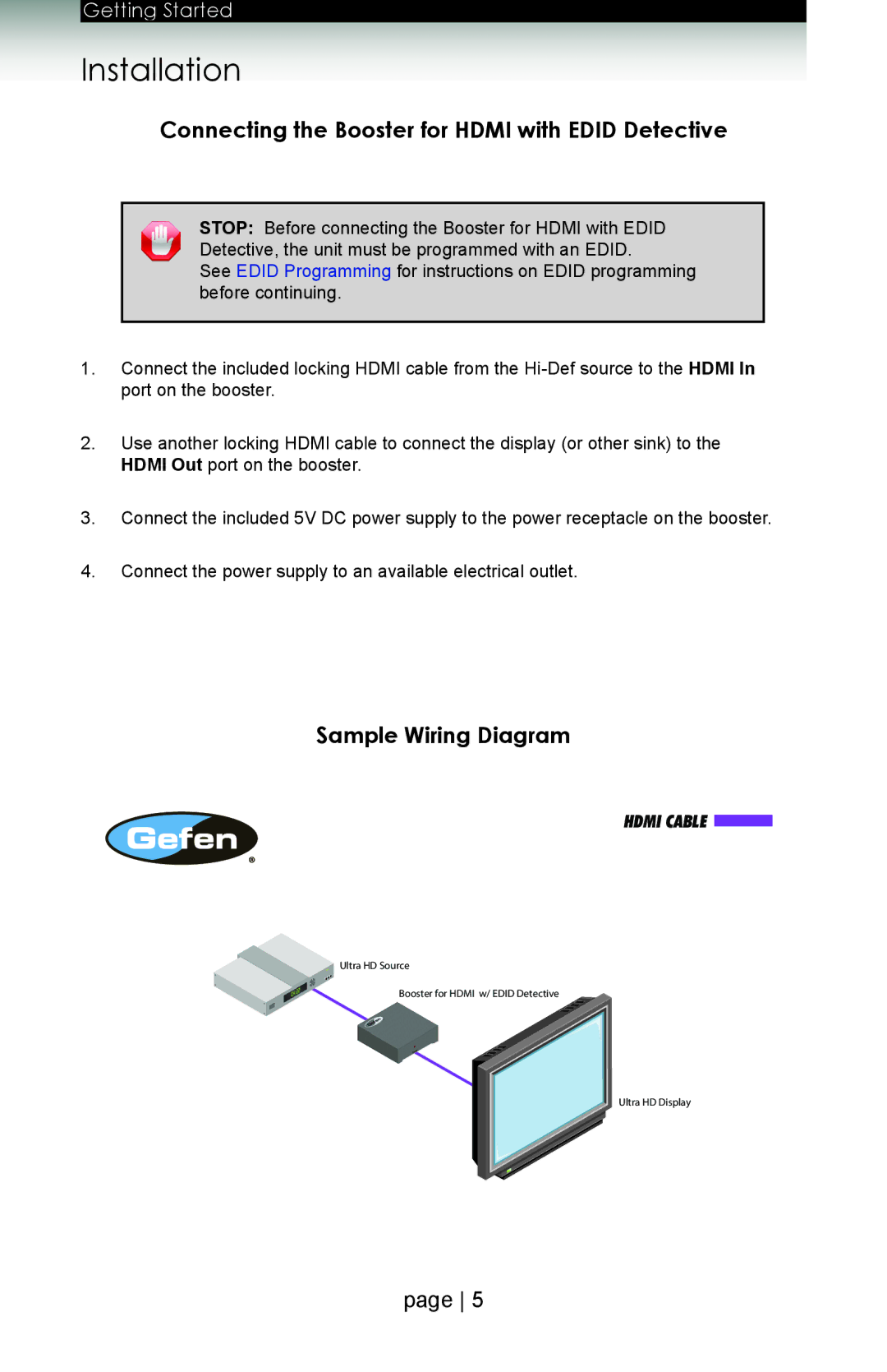 Gefen ext-hdboost-141 user manual Connecting the Booster for Hdmi with Edid Detective, Sample Wiring Diagram 