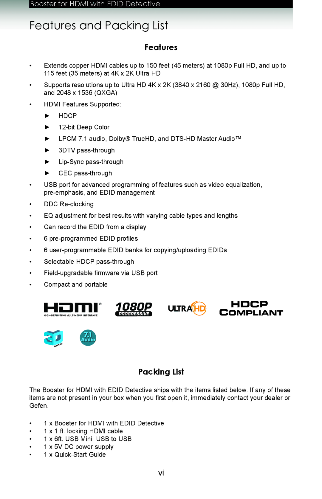 Gefen ext-hdboost-141 user manual Features and Packing List 