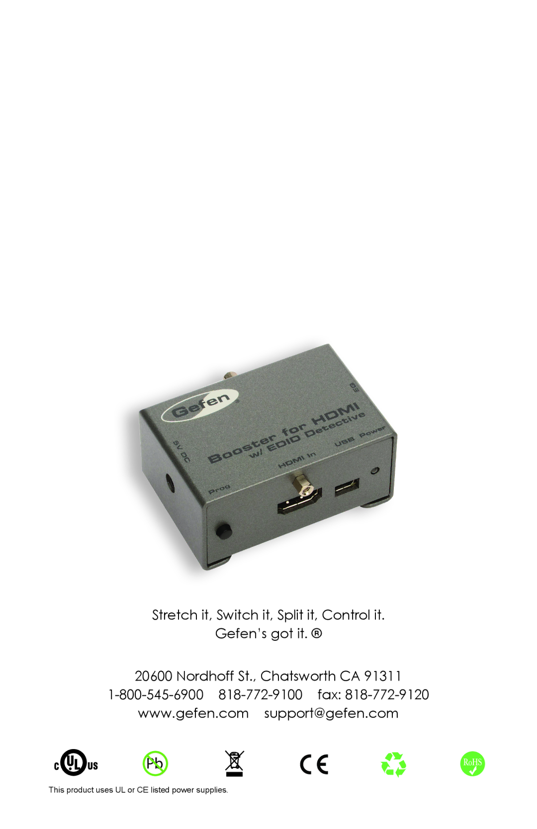 Gefen ext-hdboost-141 user manual This product uses UL or CE listed power supplies 