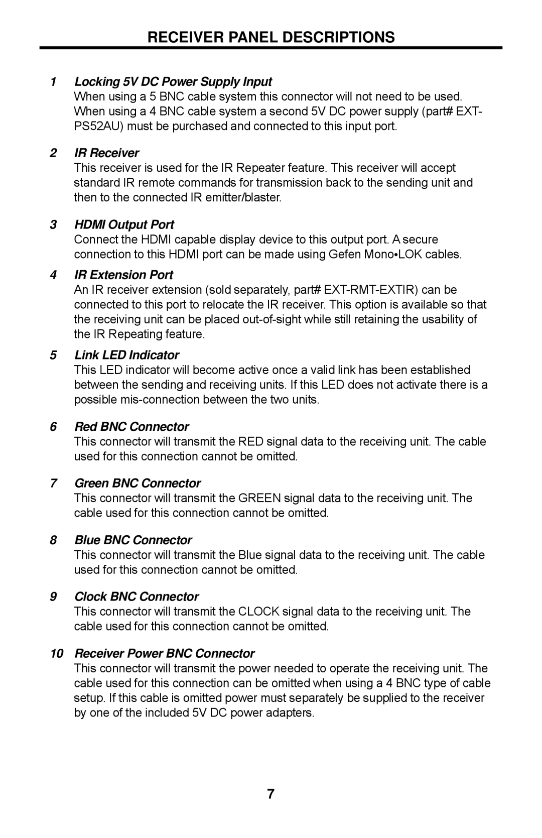 Gefen EXT-HDMI-5BNC user manual Receiver Panel Descriptions, IR Receiver 