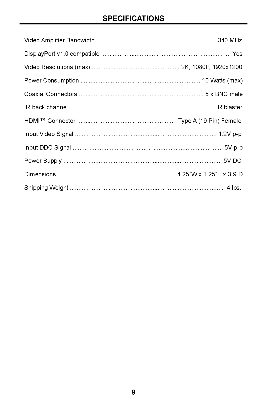 Gefen EXT-HDMI-5BNC user manual Specifications 