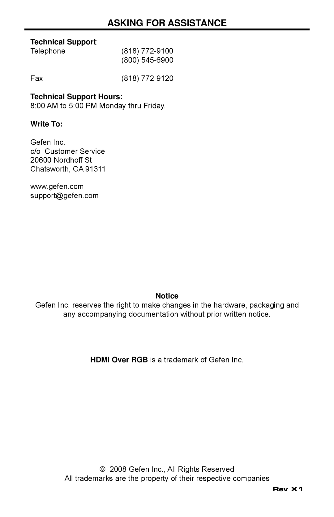 Gefen EXT-HDMI-5BNC user manual Asking for Assistance, Technical Support Hours, Write To 