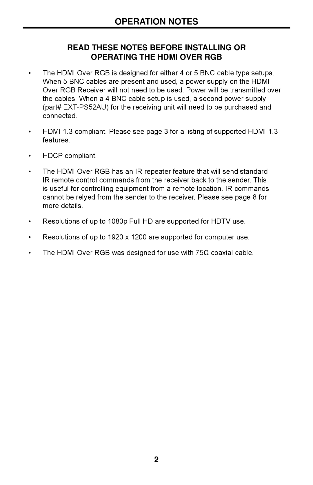 Gefen EXT-HDMI-5BNC user manual Operation Notes 