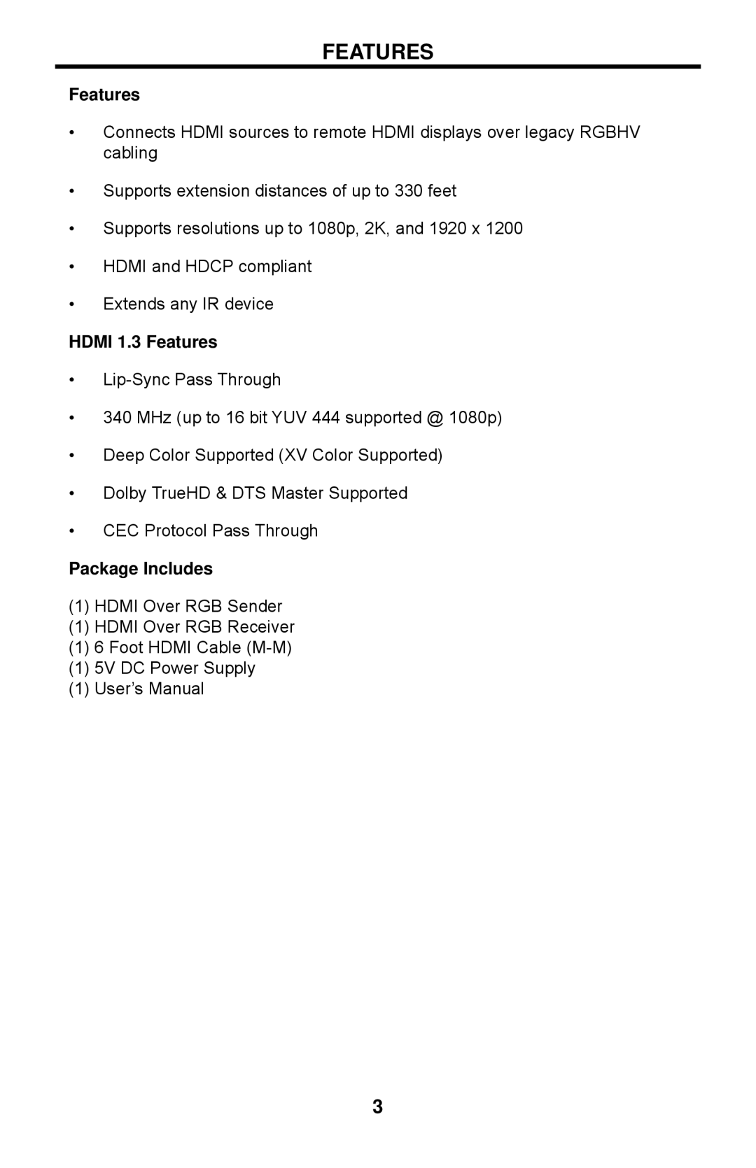 Gefen EXT-HDMI-5BNC user manual Hdmi 1.3 Features, Package Includes 