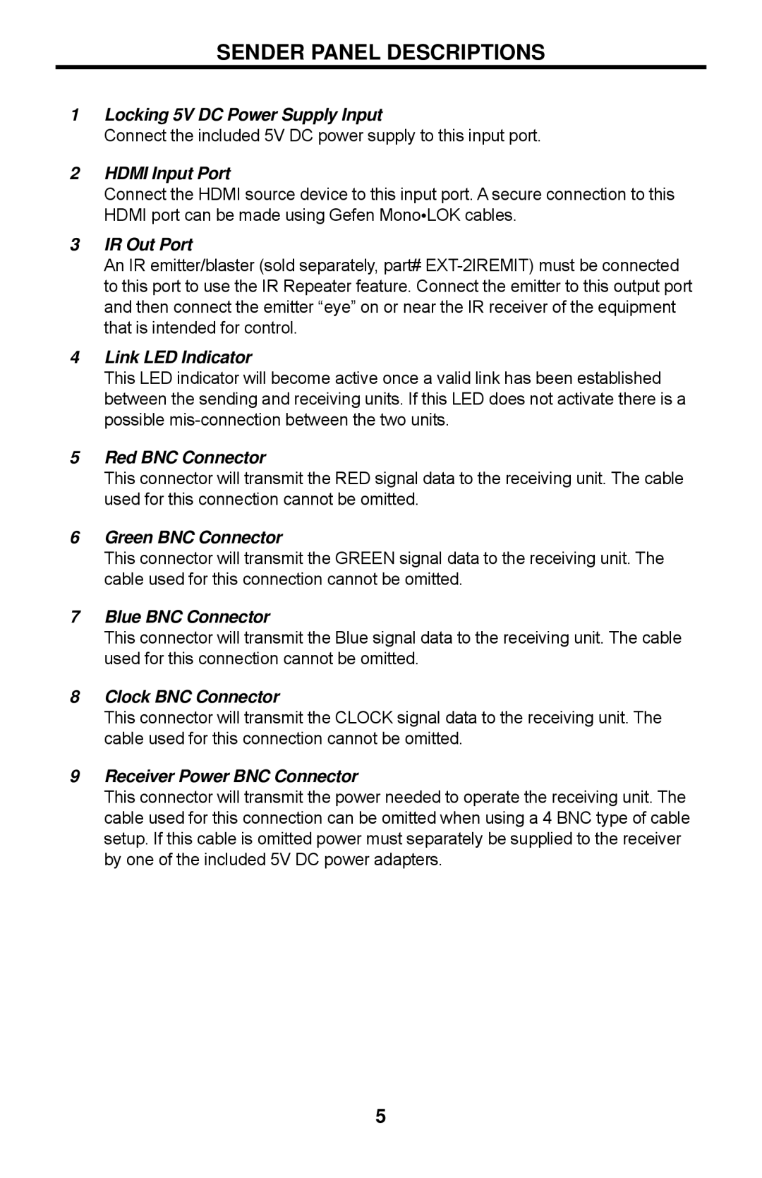 Gefen EXT-HDMI-5BNC user manual Sender Panel Descriptions, Hdmi Input Port 