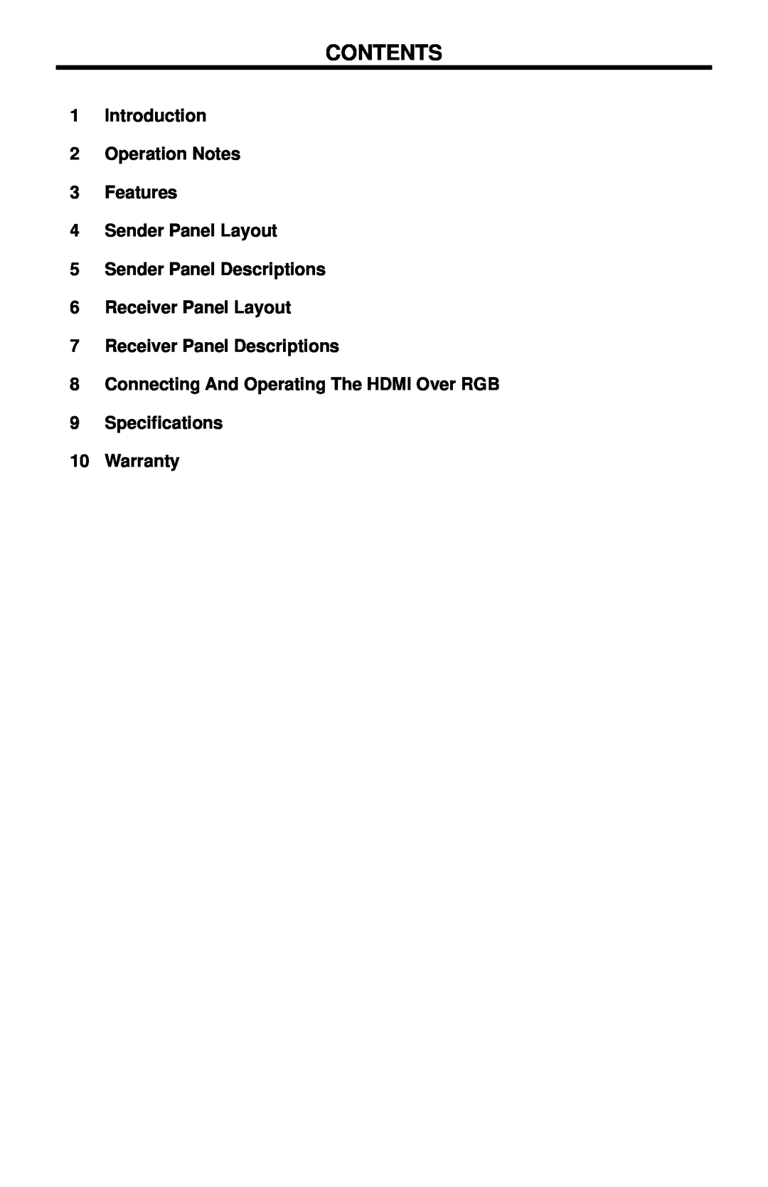 Gefen EXT-HDMI-5BNC Contents, Introduction 2 Operation Notes 3 Features 4 Sender Panel Layout, Receiver Panel Descriptions 