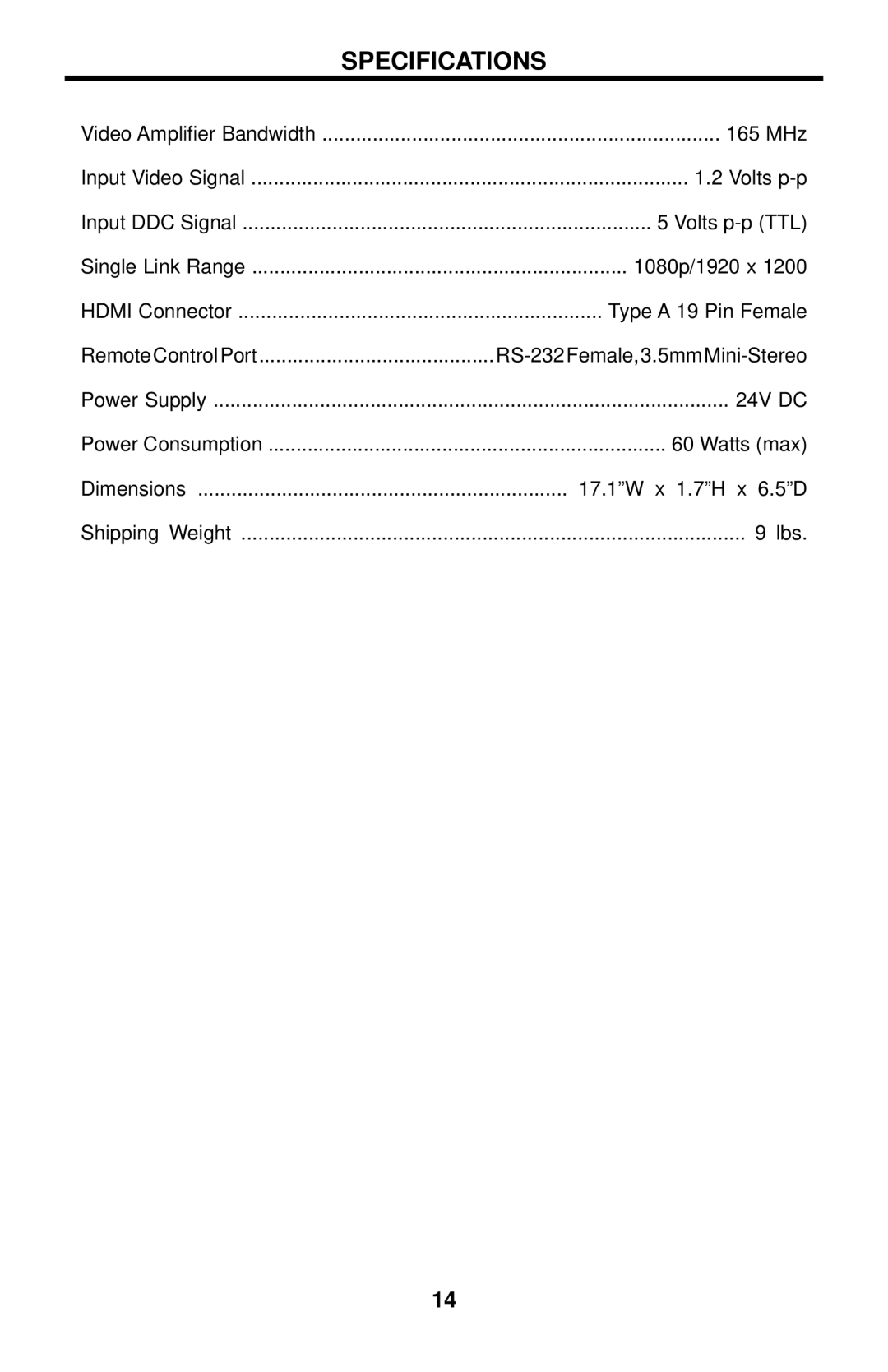 Gefen EXT-HDMI-844 user manual Specifications 