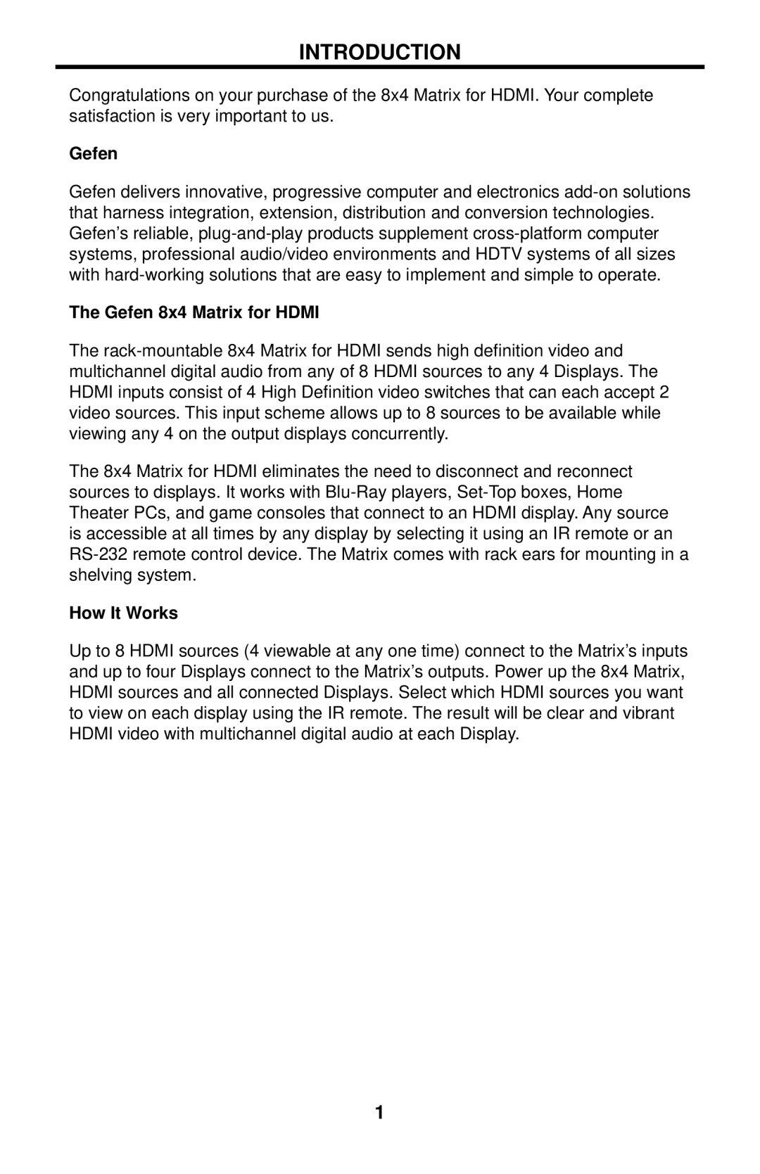 Gefen EXT-HDMI-844 user manual Introduction, Gefen 8x4 Matrix for Hdmi, How It Works 