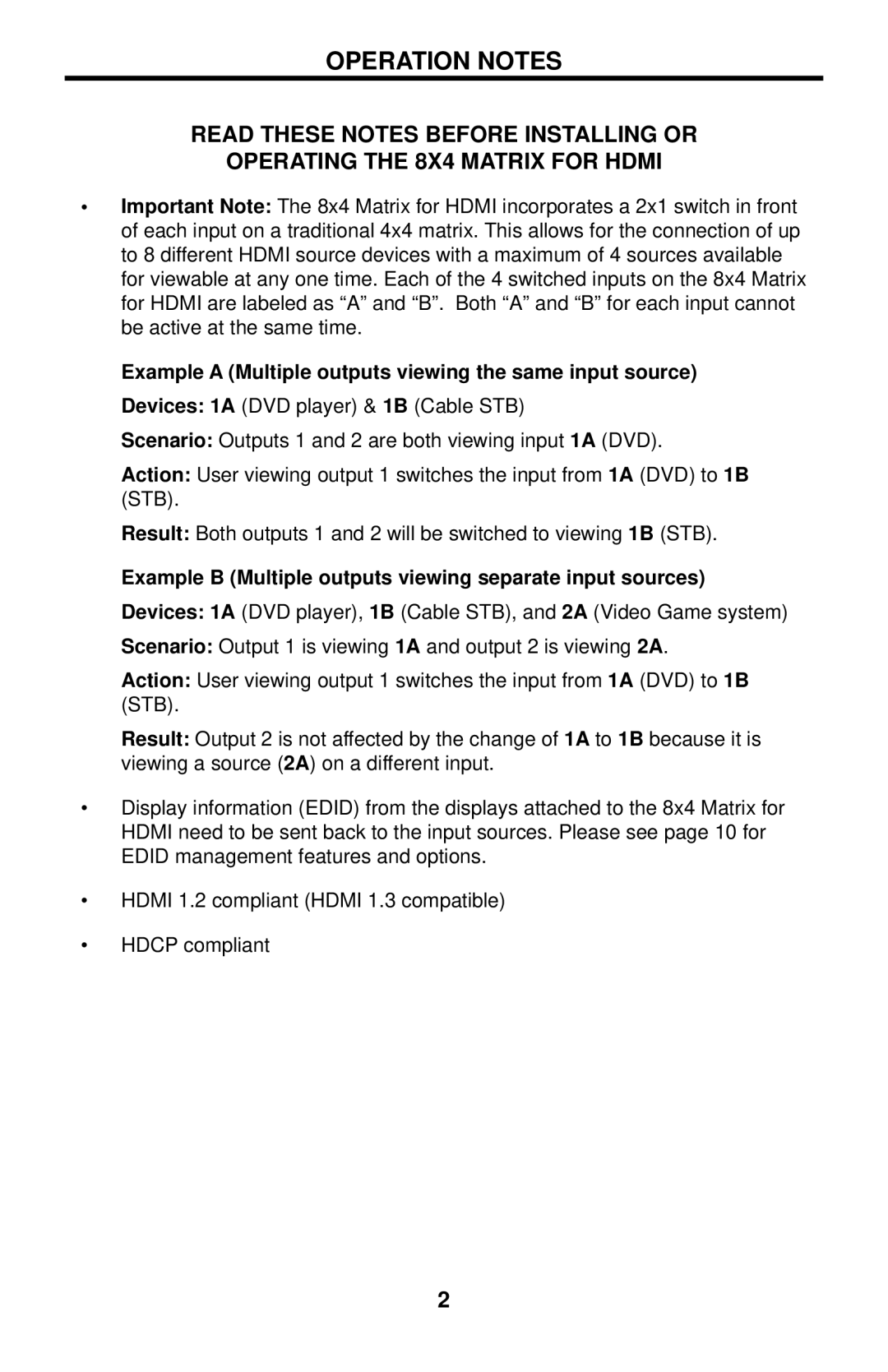 Gefen EXT-HDMI-844 user manual Operation Notes 