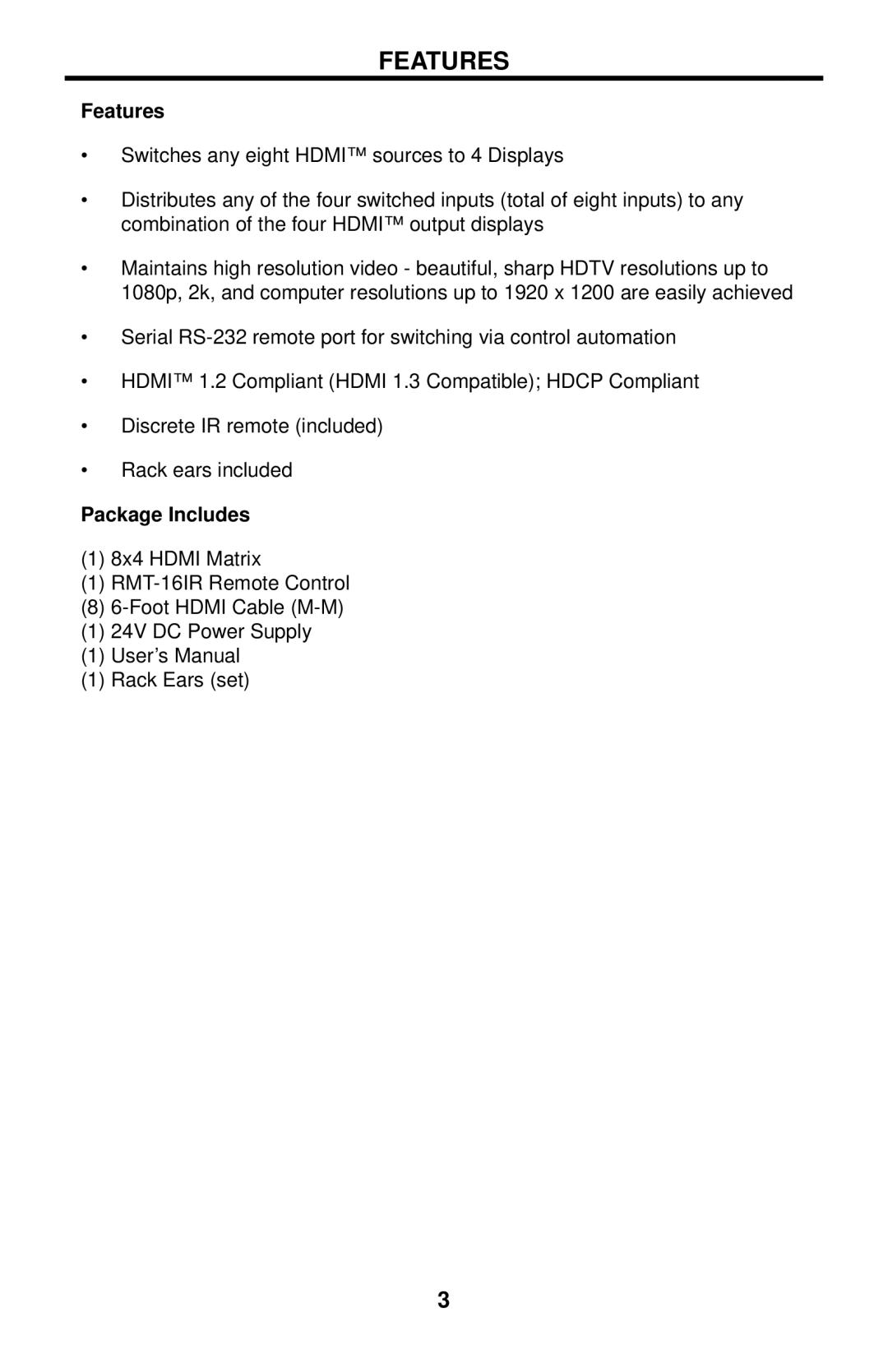 Gefen EXT-HDMI-844 user manual Features, Package Includes 