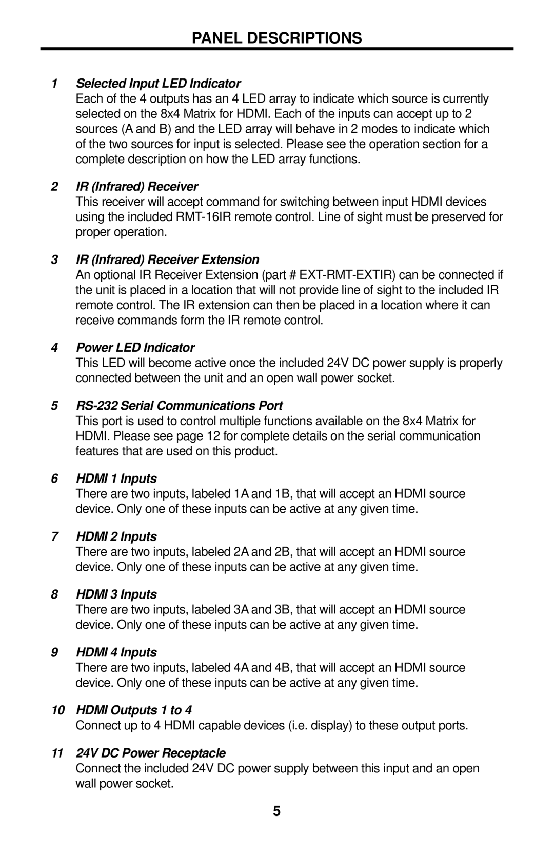 Gefen EXT-HDMI-844 user manual Panel Descriptions 