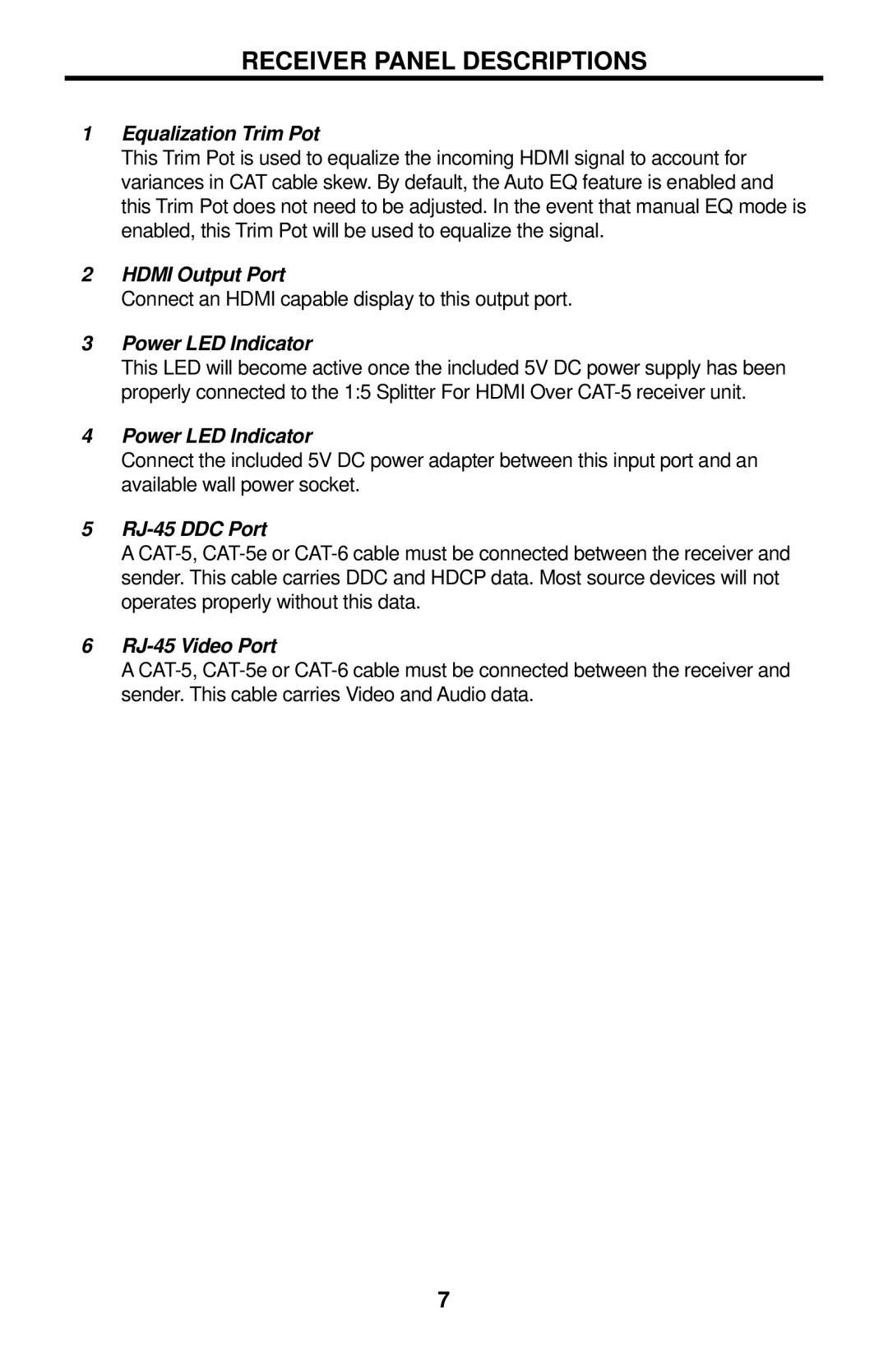 Gefen EXT-HDMI-CAT5-145 user manual Receiver Panel Descriptions, Equalization Trim Pot 