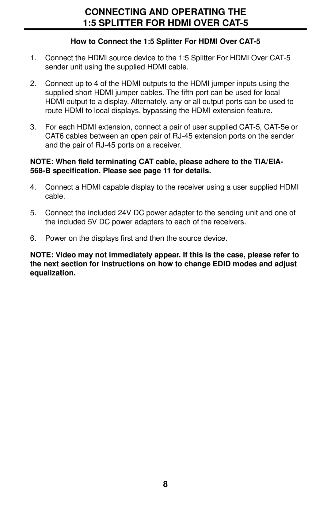 Gefen EXT-HDMI-CAT5-145 user manual How to Connect the 15 Splitter For Hdmi Over CAT-5 