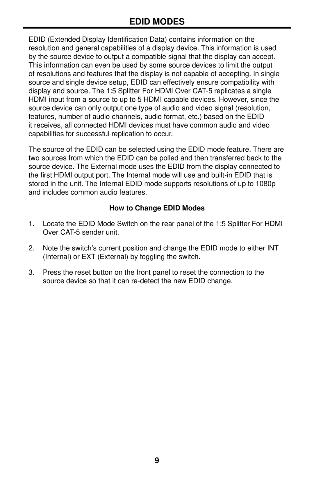 Gefen EXT-HDMI-CAT5-145 user manual How to Change Edid Modes 