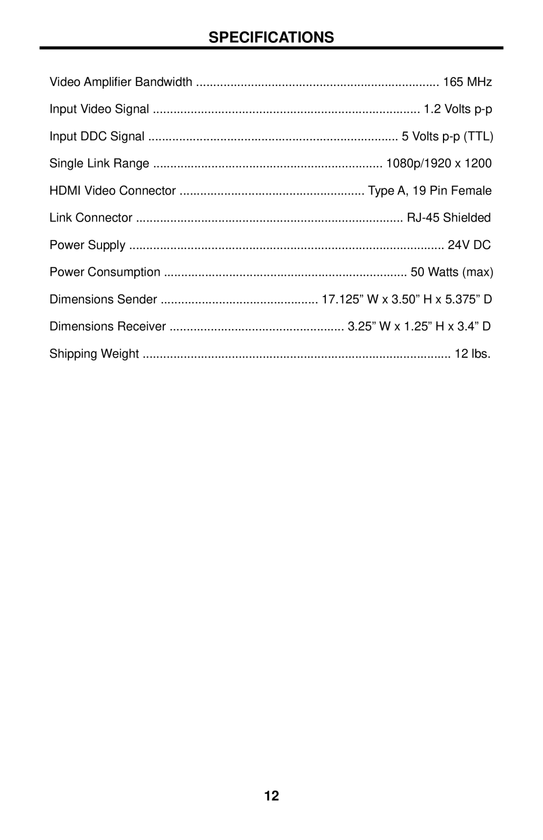 Gefen EXT-HDMI-CAT5-145 user manual Specifications 