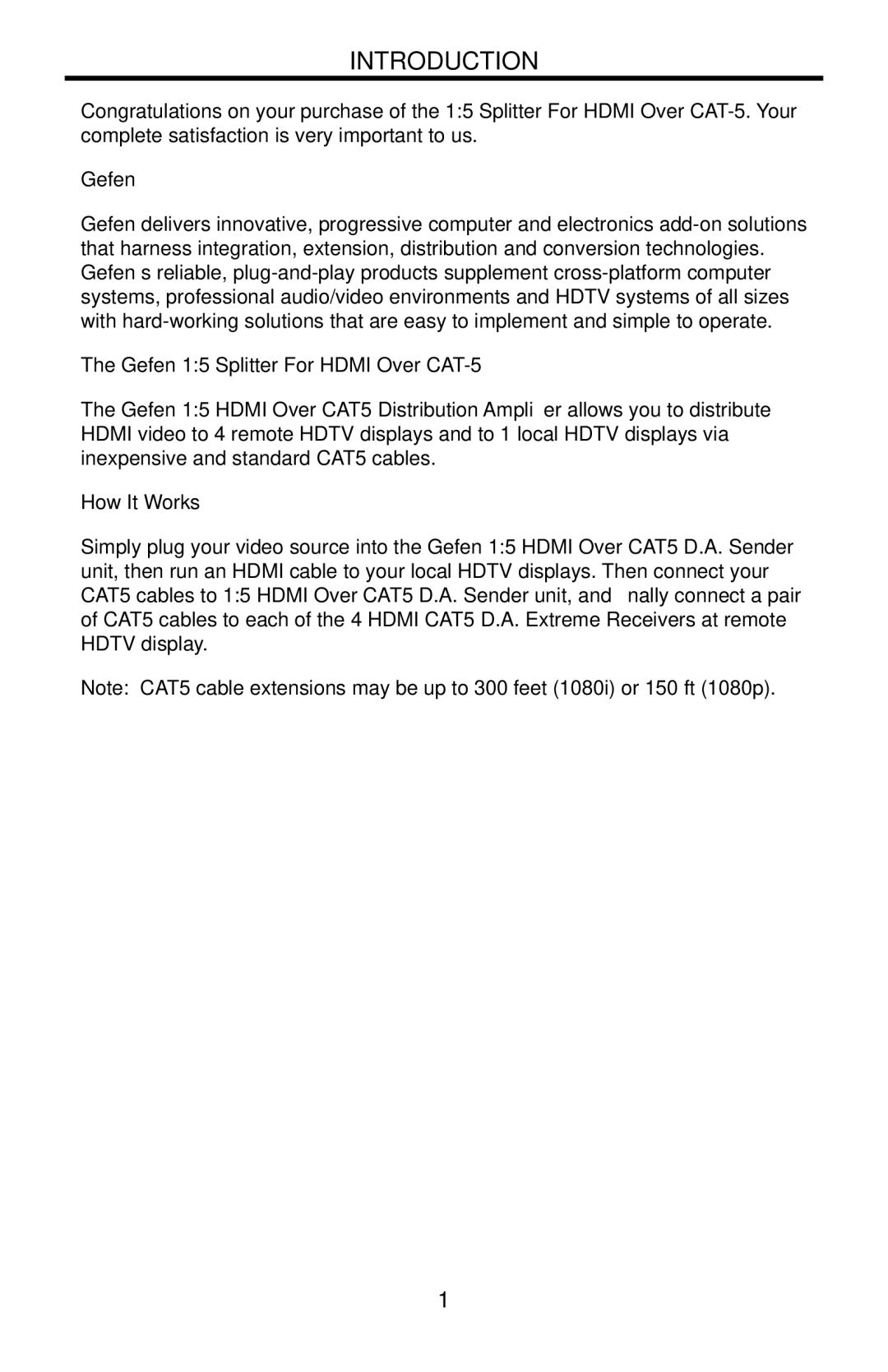 Gefen EXT-HDMI-CAT5-145 user manual Introduction, Gefen 15 Splitter For Hdmi Over CAT-5, How It Works 