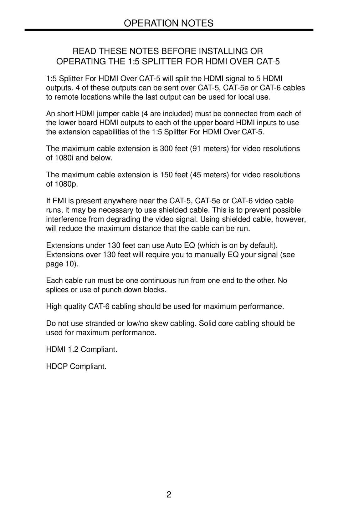 Gefen EXT-HDMI-CAT5-145 user manual Operation Notes 