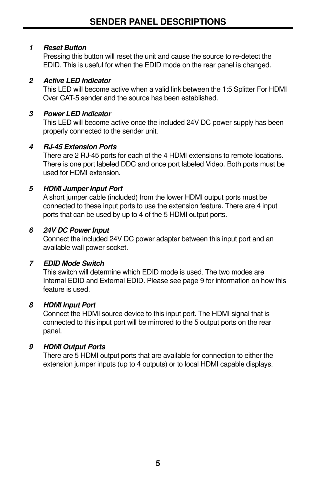 Gefen EXT-HDMI-CAT5-145 user manual Sender Panel Descriptions, Reset Button 