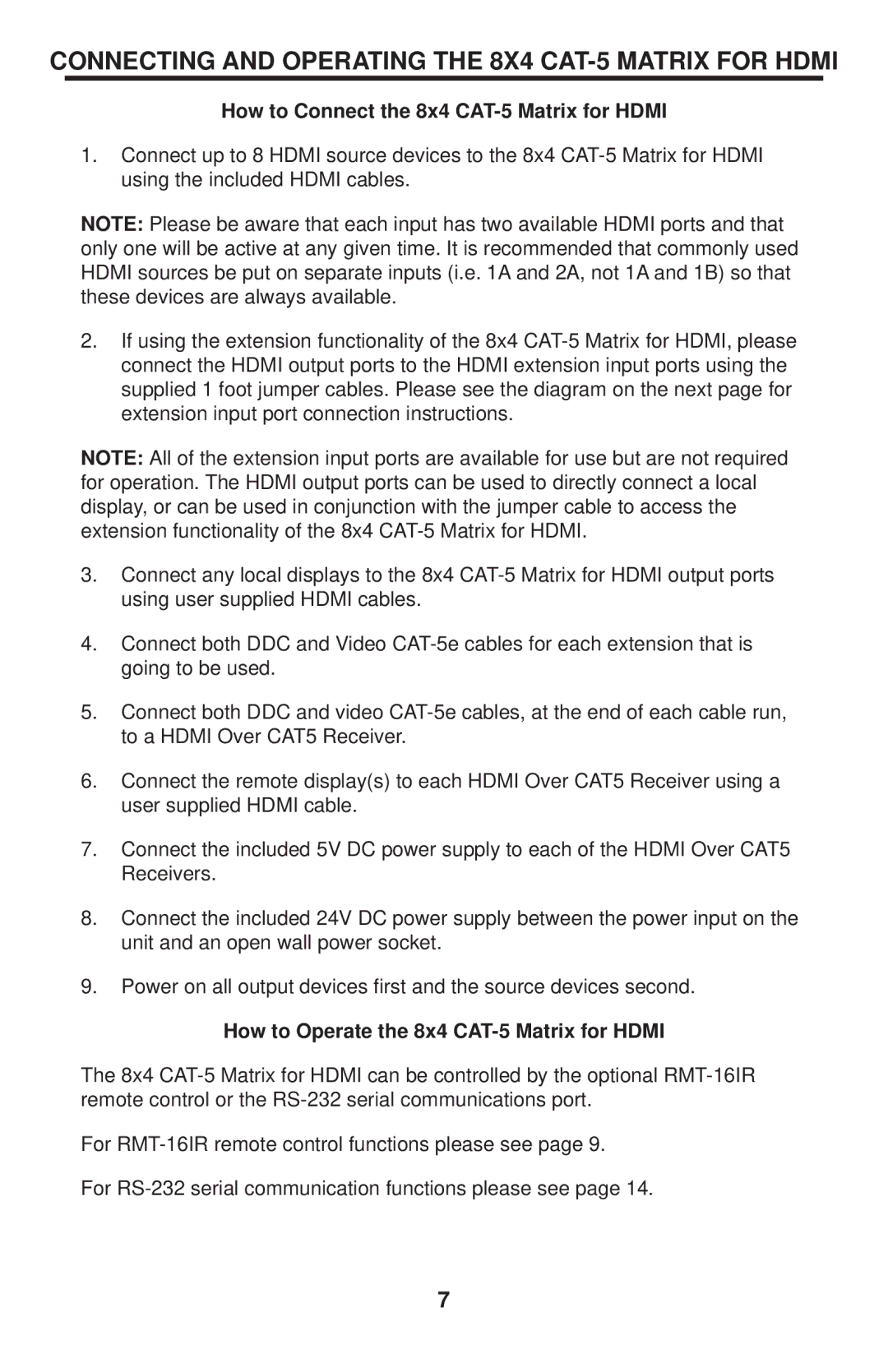 Gefen EXT-HDMI-CAT5-844 user manual Connecting and Operating the 8X4 CAT-5 Matrix for Hdmi 