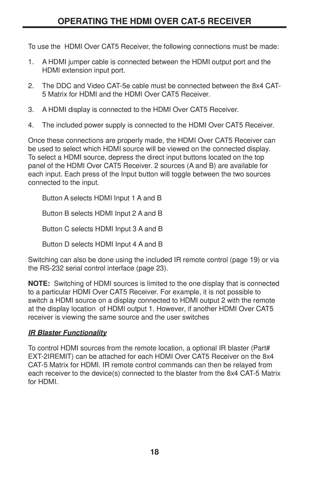 Gefen EXT-HDMI-CAT5-844 user manual Operating the Hdmi Over CAT-5 Receiver, IR Blaster Functionality 