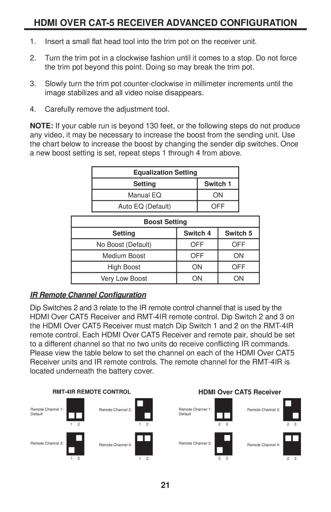 Gefen EXT-HDMI-CAT5-844 user manual IR Remote Channel Conﬁguration, Equalization Setting 