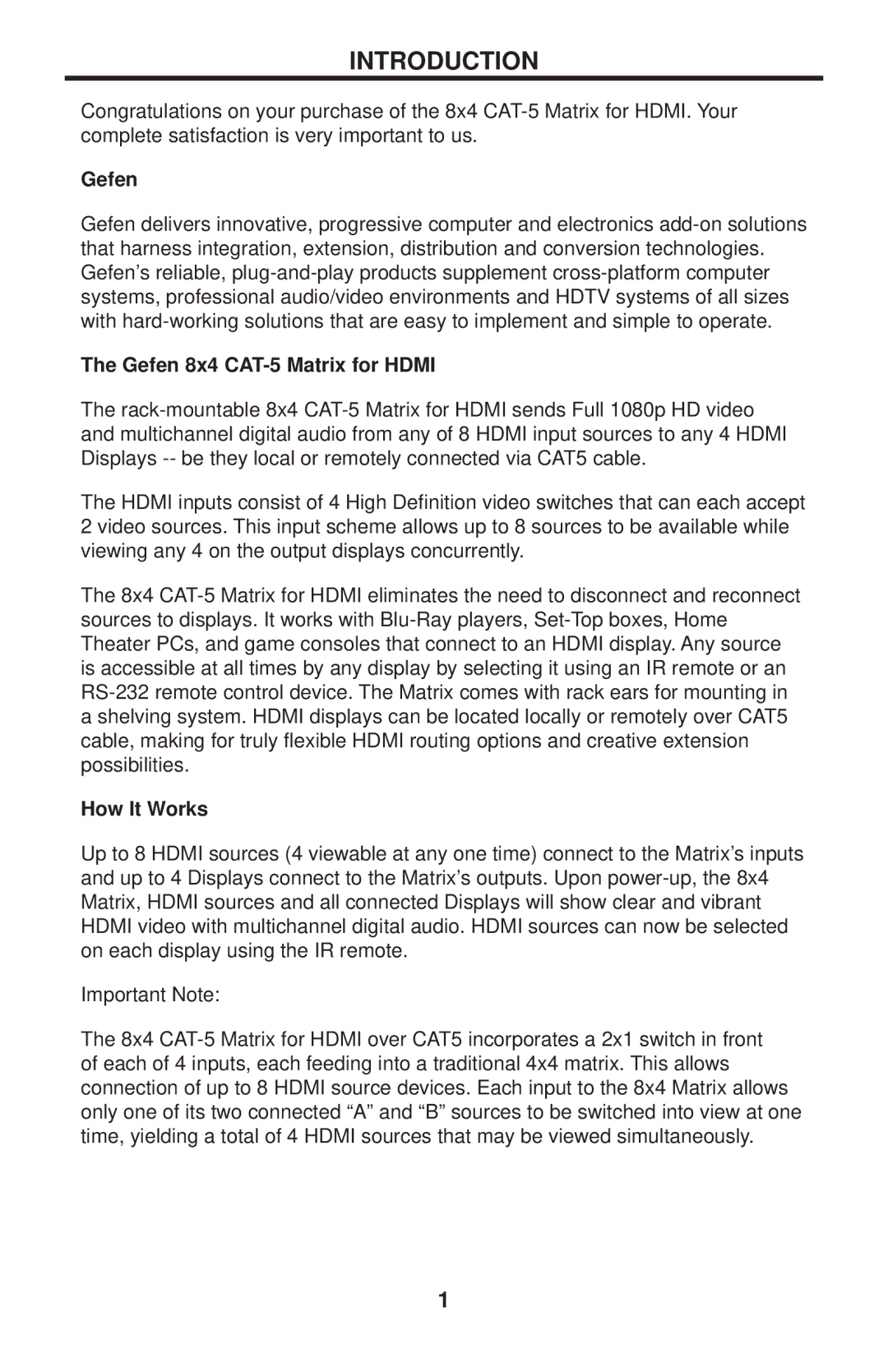 Gefen EXT-HDMI-CAT5-844 user manual Introduction, Gefen 8x4 CAT-5 Matrix for Hdmi, How It Works 