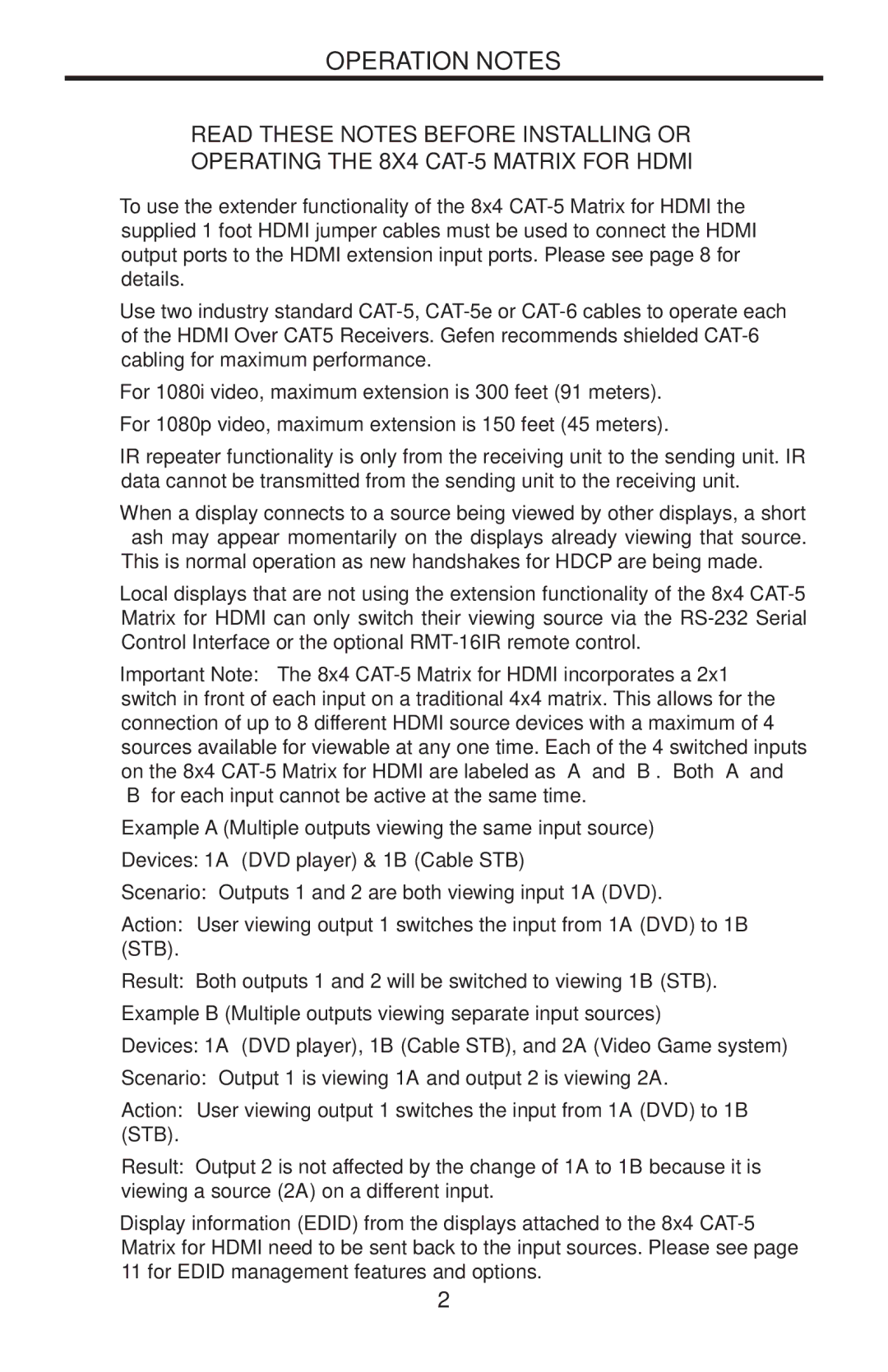 Gefen EXT-HDMI-CAT5-844 user manual Operation Notes 