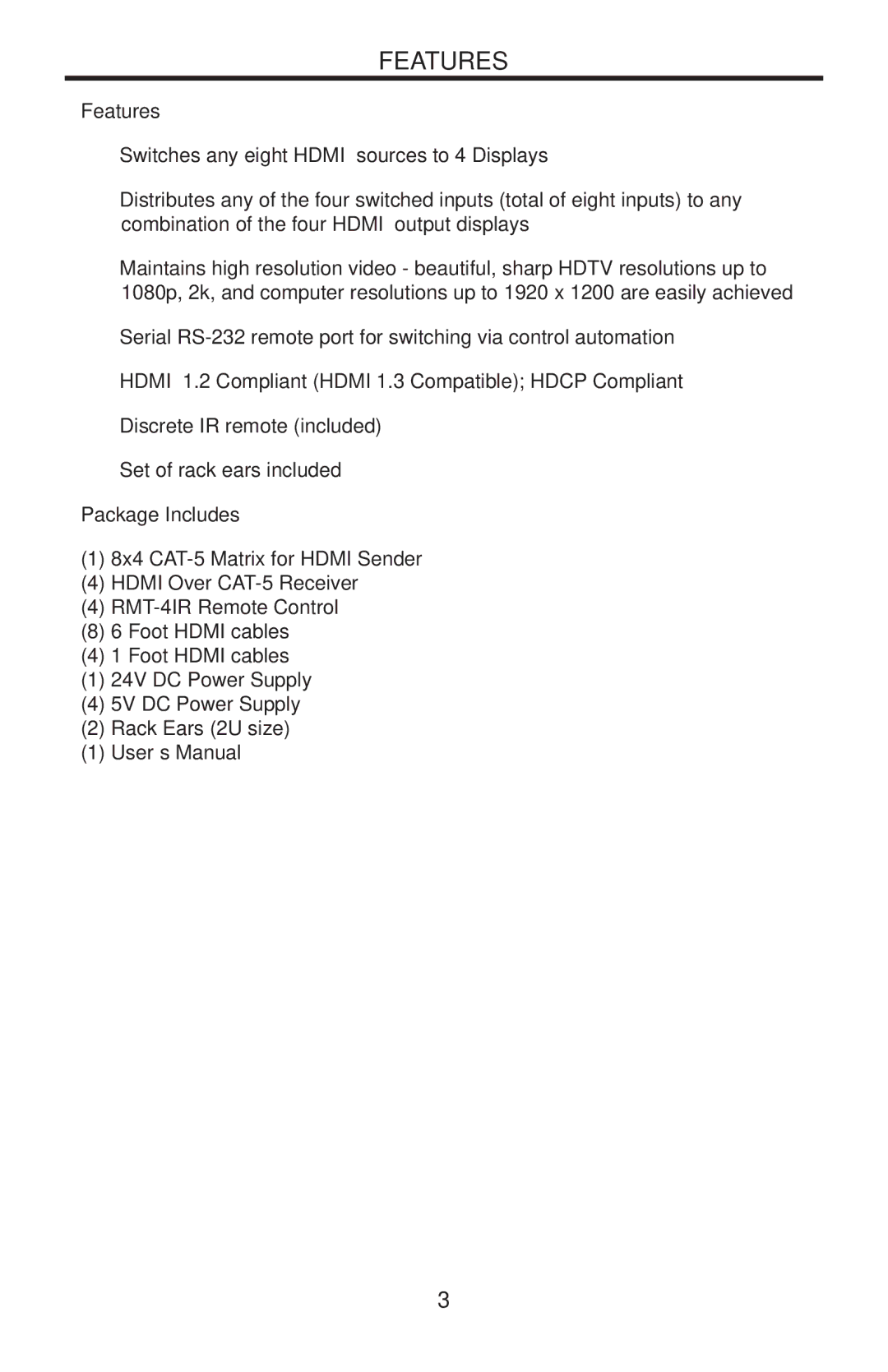 Gefen EXT-HDMI-CAT5-844 user manual Features, Package Includes 