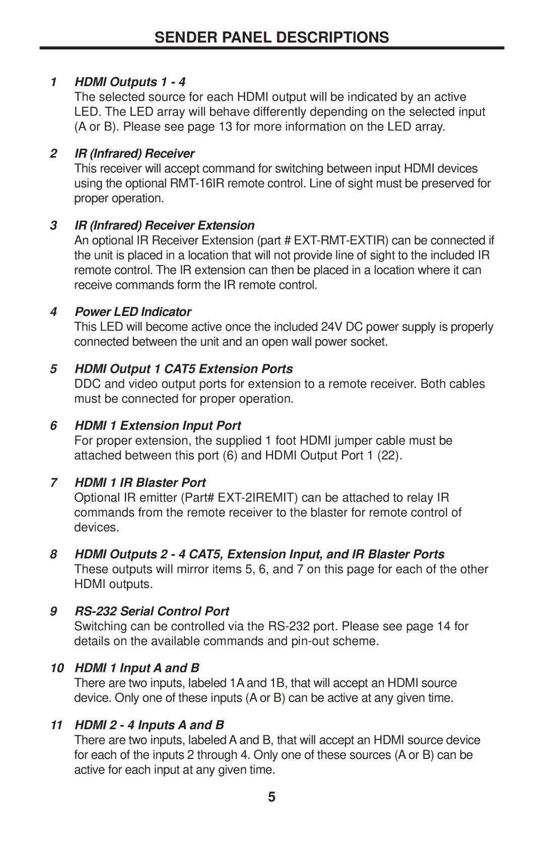 Gefen EXT-HDMI-CAT5-844 user manual Sender Panel Descriptions 