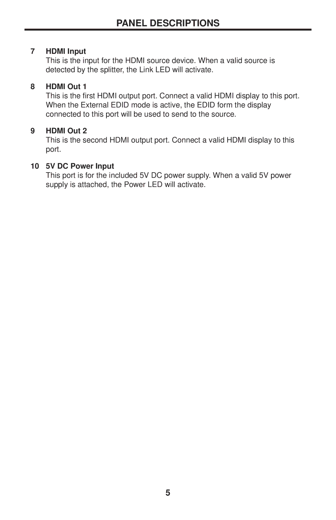 Gefen EXT-HDMI1.3-142 user manual Hdmi Input, Hdmi Out, 10 5V DC Power Input 