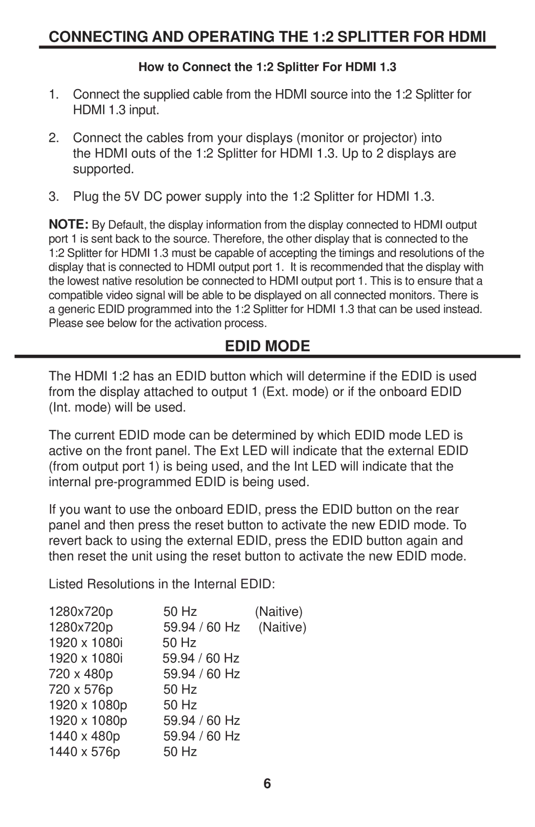 Gefen EXT-HDMI1.3-142 user manual Connecting and Operating the 12 Splitter for Hdmi, Edid Mode 