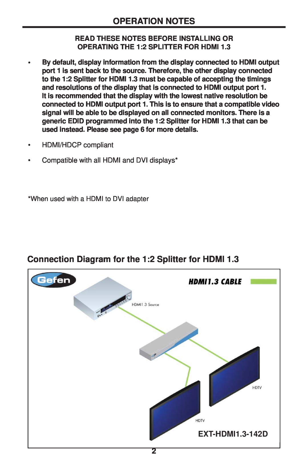 Gefen user manual Operation Notes, Connection Diagram for the 12 Splitter for HDMI, EXT-HDMI1.3-142D 