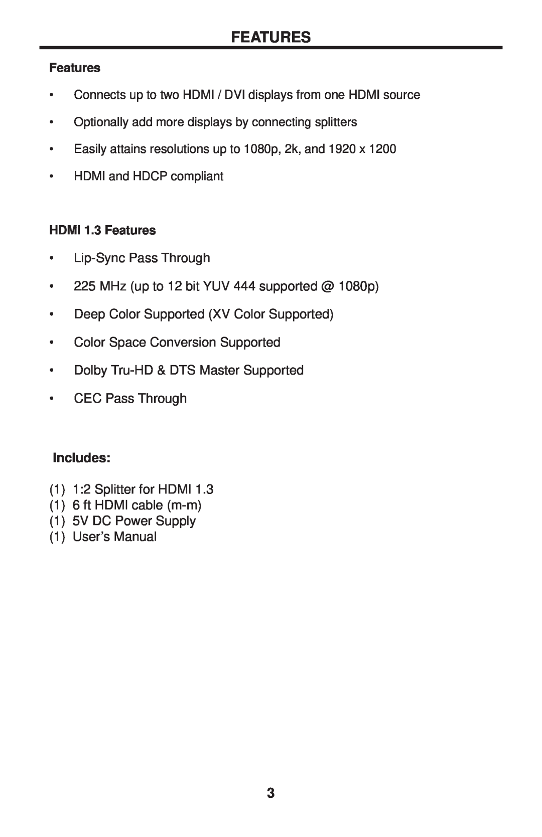 Gefen EXT-HDMI1.3-142 user manual Features, Includes 
