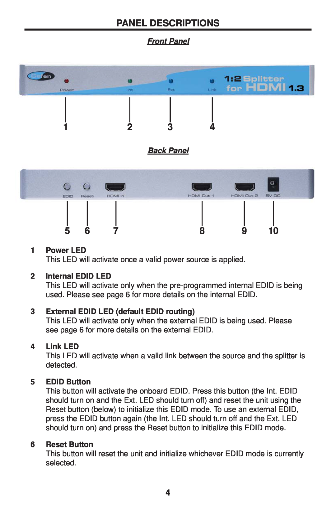 Gefen EXT-HDMI1.3-142 Panel Descriptions, Front Panel, Back Panel, Power LED, Internal EDID LED, Link LED, EDID Button 