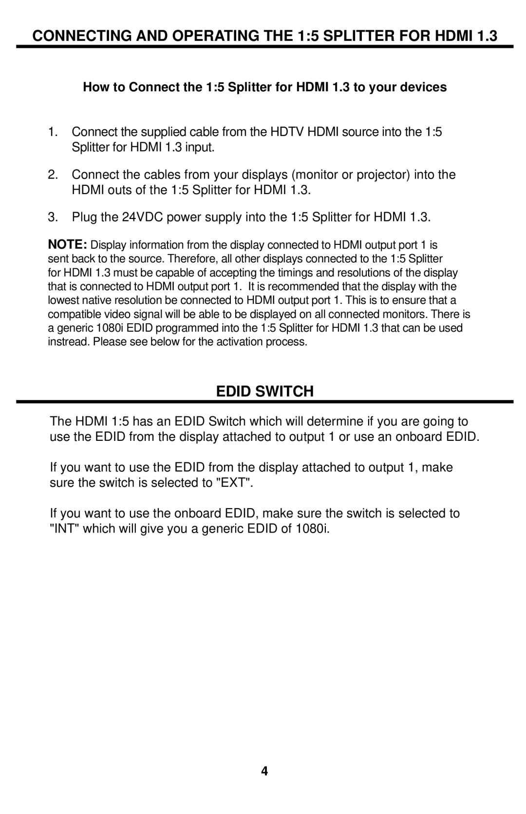 Gefen EXT-HDMI1.3-145 user manual Connecting and Operating the 15 Splitter for Hdmi, Edid Switch 