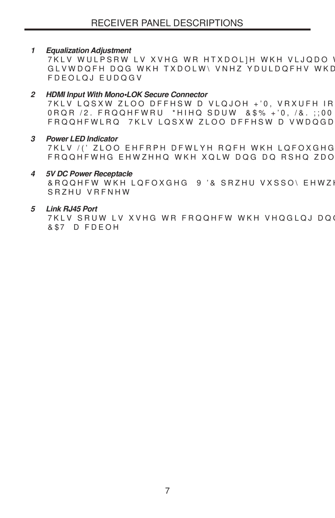 Gefen EXT-HDMI1.3-1CAT6 user manual Receiver Panel Descriptions, Equalization Adjustment 