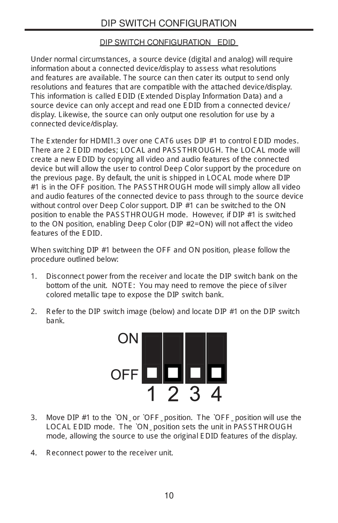 Gefen EXT-HDMI1.3-1CAT6 user manual DIP Switch Configuration Edid 