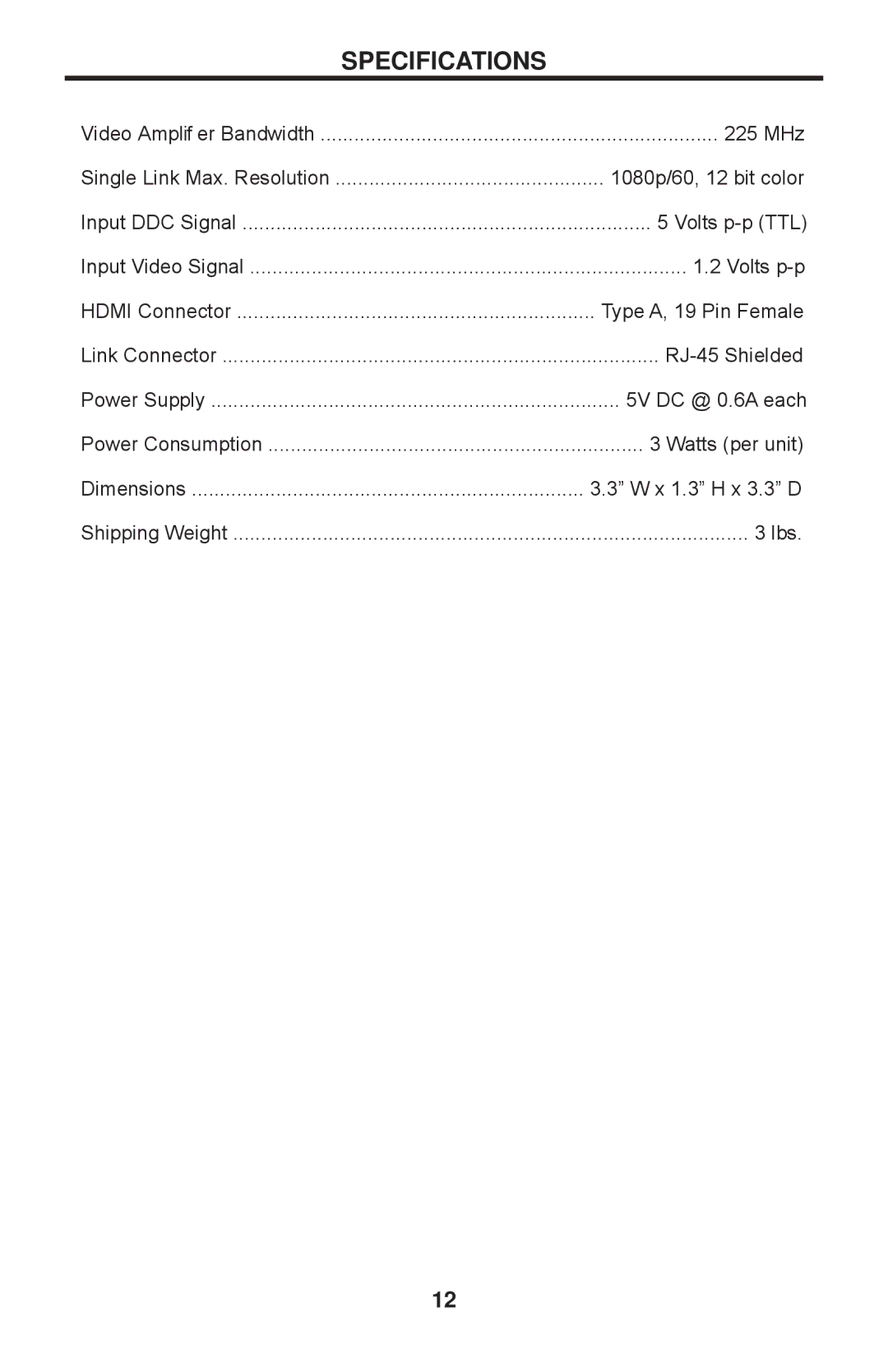 Gefen EXT-HDMI1.3-1CAT6 user manual Specifications 