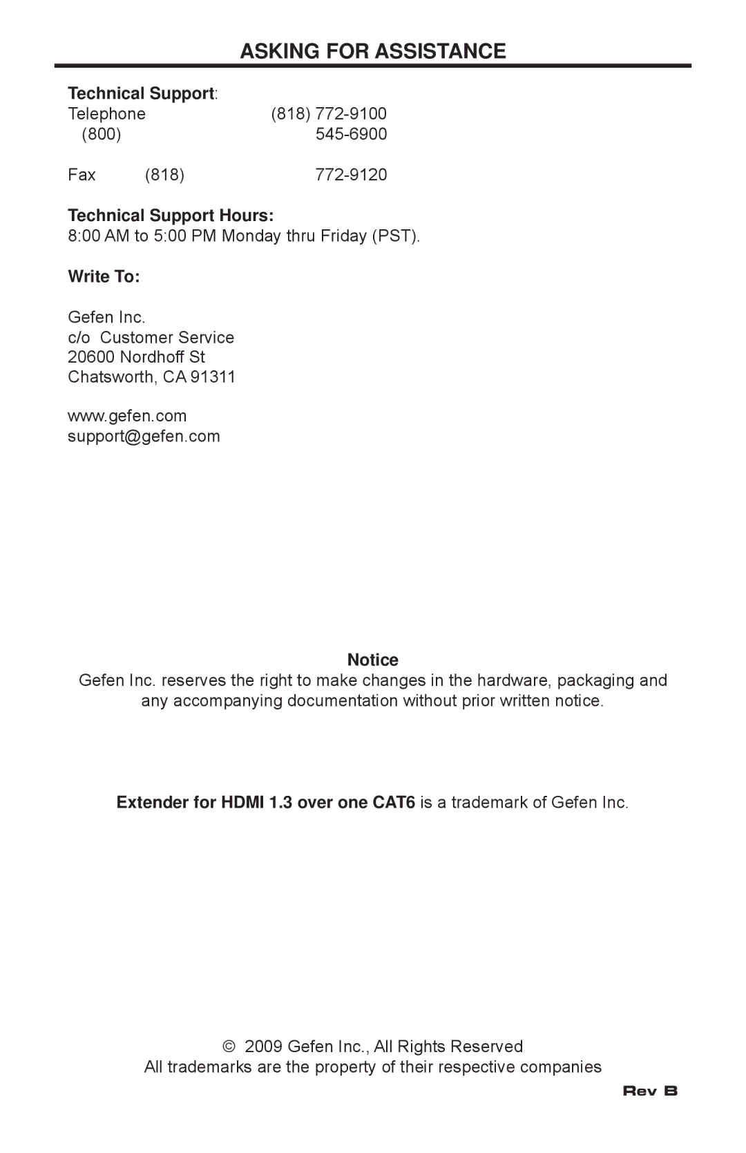 Gefen EXT-HDMI1.3-1CAT6 user manual Asking for Assistance, Technical Support Hours, Write To 