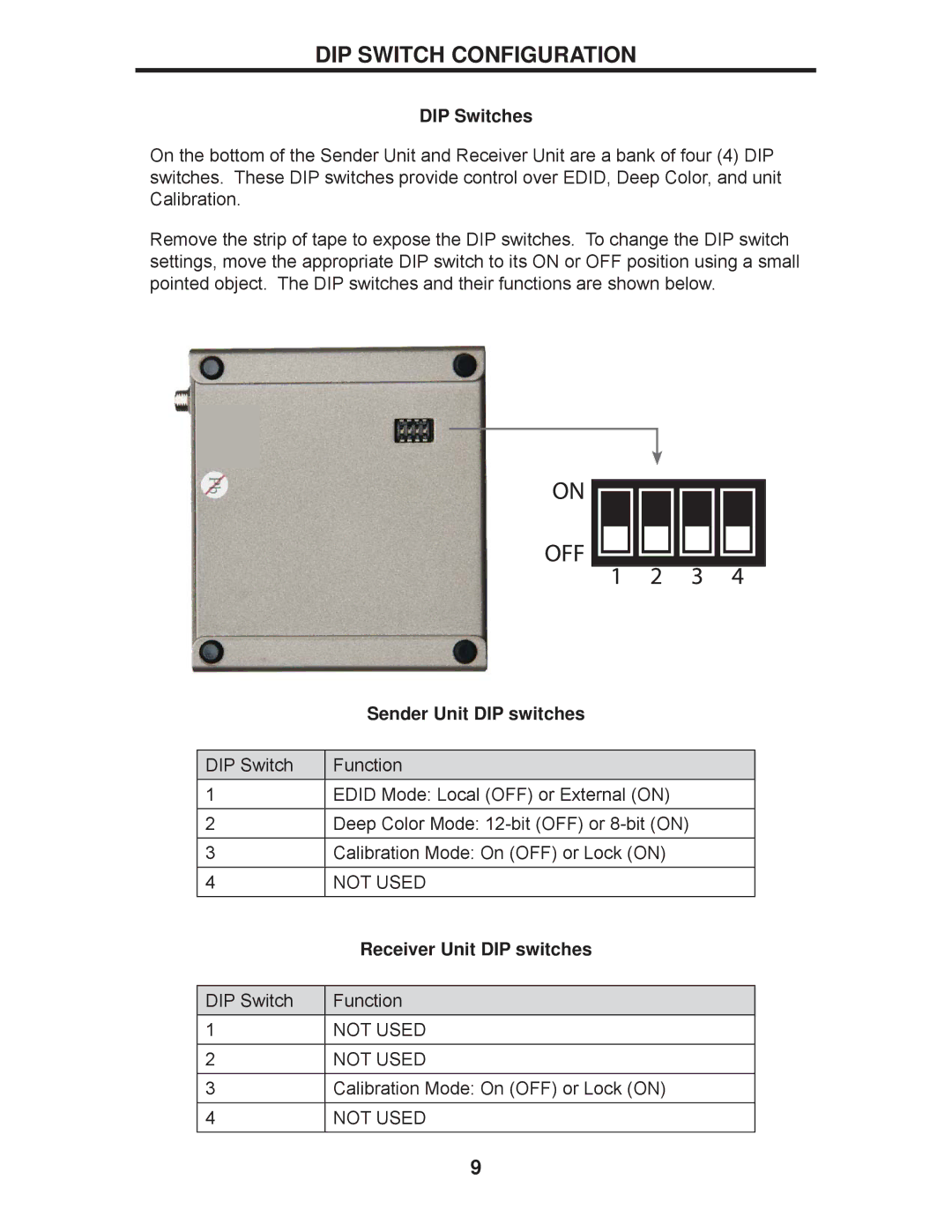 Gefen EXT-HDMI1.3-1FO DIP Switch Configuration, DIP Switches, Sender Unit DIP switches, Receiver Unit DIP switches 