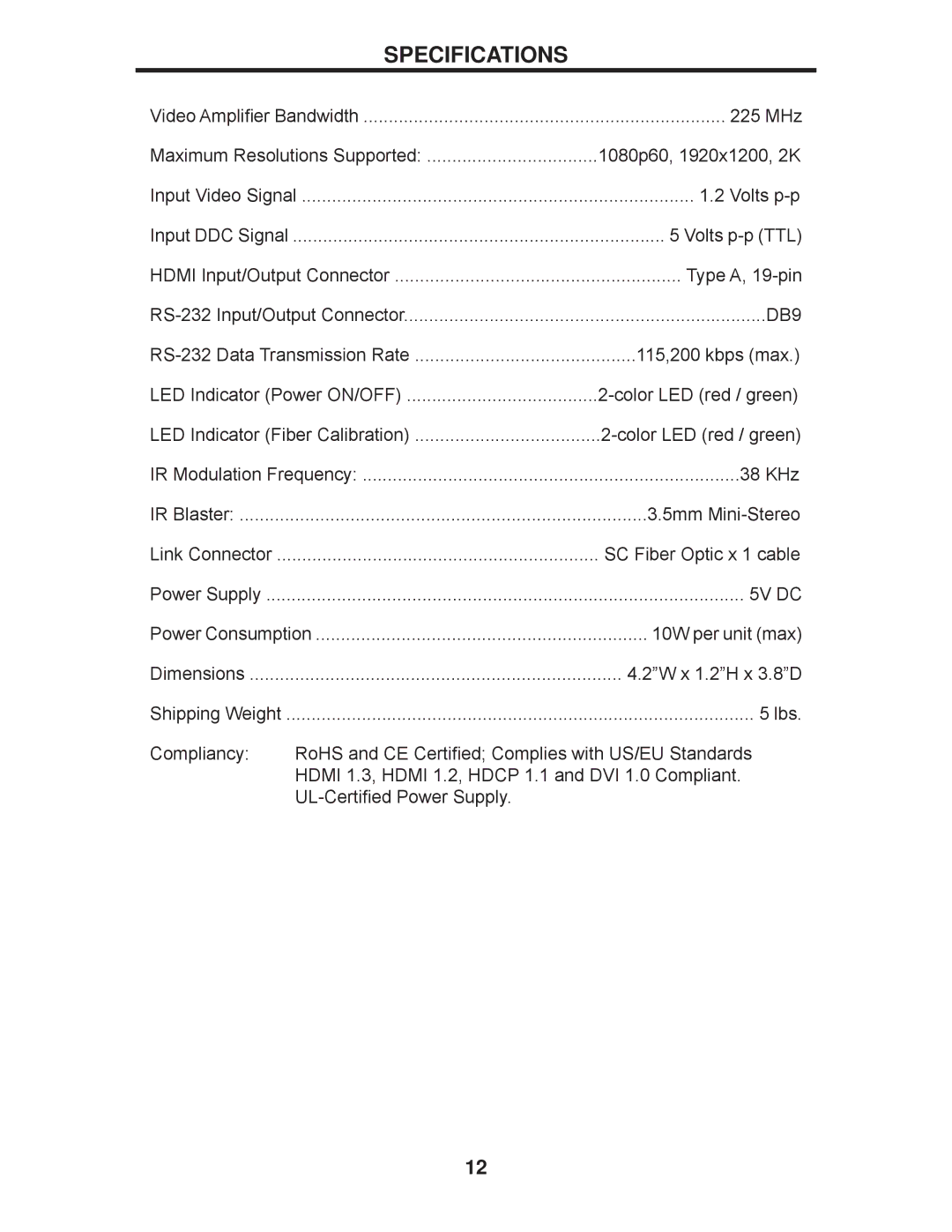 Gefen EXT-HDMI1.3-1FO user manual Specifications, DB9 